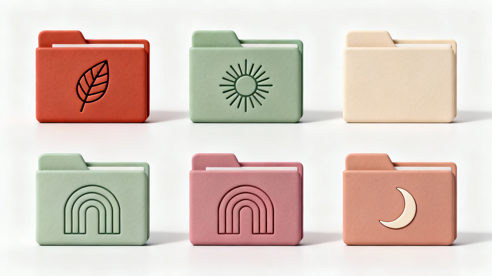 A collection of beautifully designed aesthetic folder icons in a muted, earthy color palette, arranged neatly on a crisp white background.