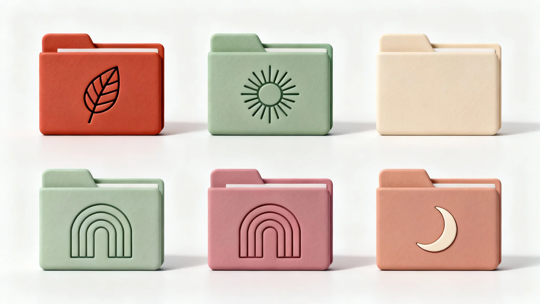 A collection of beautifully designed aesthetic folder icons in a muted, earthy color palette, arranged neatly on a crisp white background.