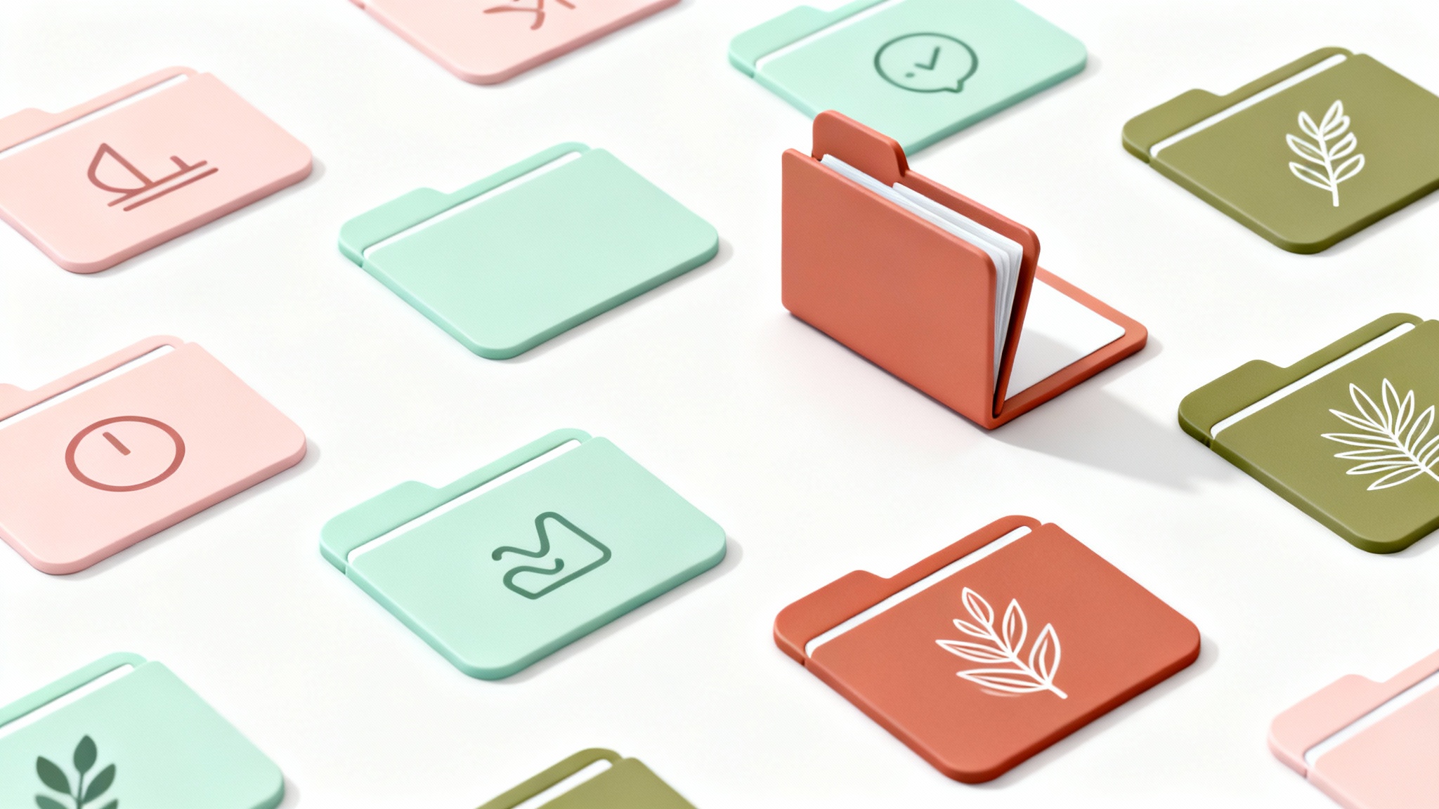 A collection of stylized digital folder icons in various aesthetic themes, including pastel and boho with botanical art, arranged artfully on a white background.