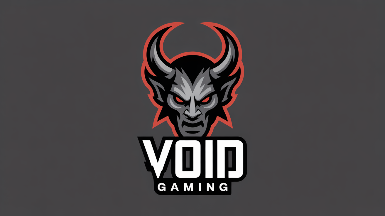 A modern esports logo for 'VOID GAMING', featuring a stylized black and red demon head with glowing eyes on a dark background.