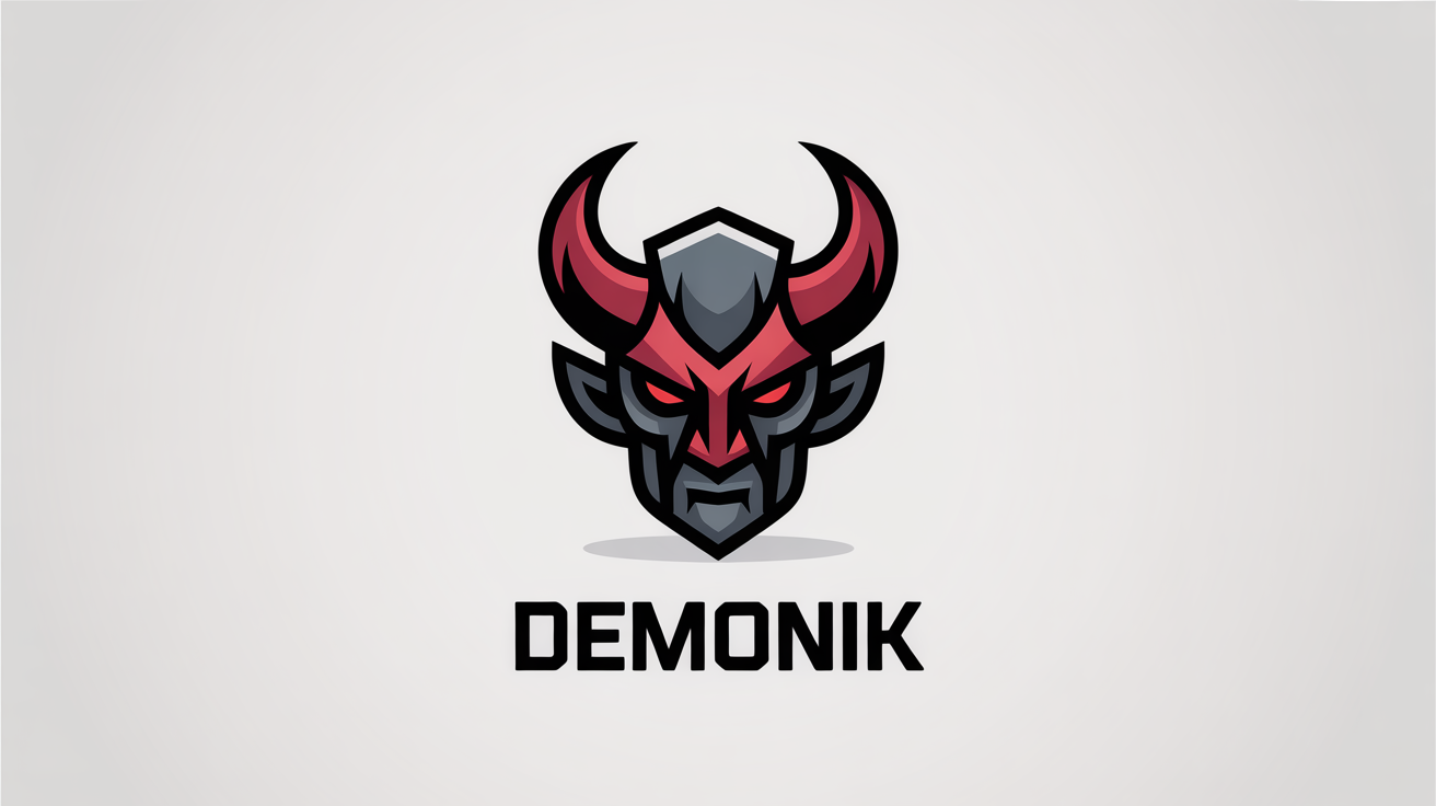 A modern vector logo of a stylized demon head in red and charcoal gray, with the word 'DEMONIK' below it, on a white background.