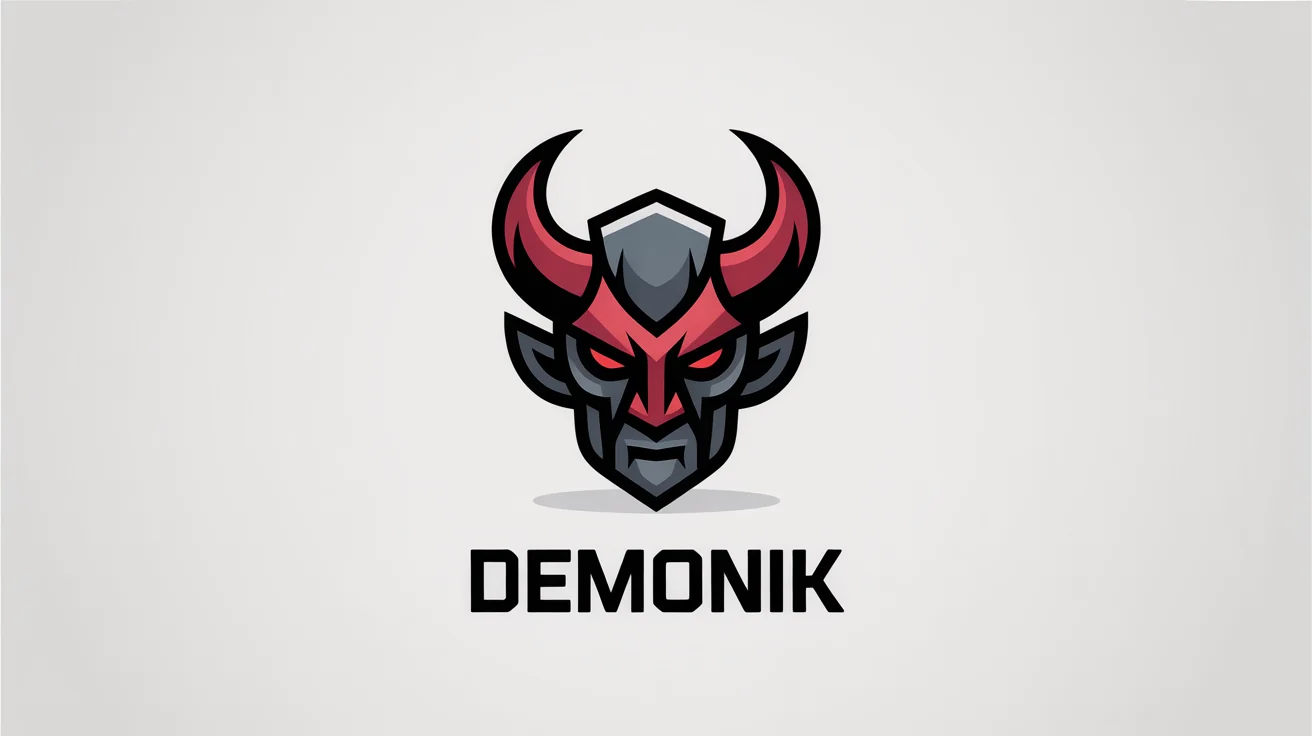 A modern vector logo of a stylized demon head in red and charcoal gray, with the word 'DEMONIK' below it, on a white background.