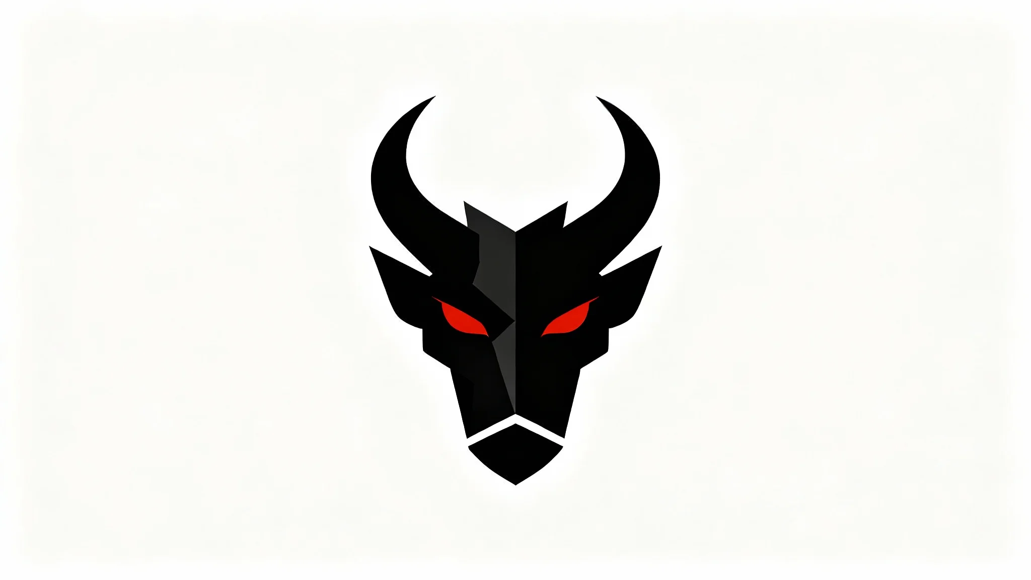 A modern, minimalist vector logo of a demon's head in black and red with glowing eyes, presented on a clean white background.