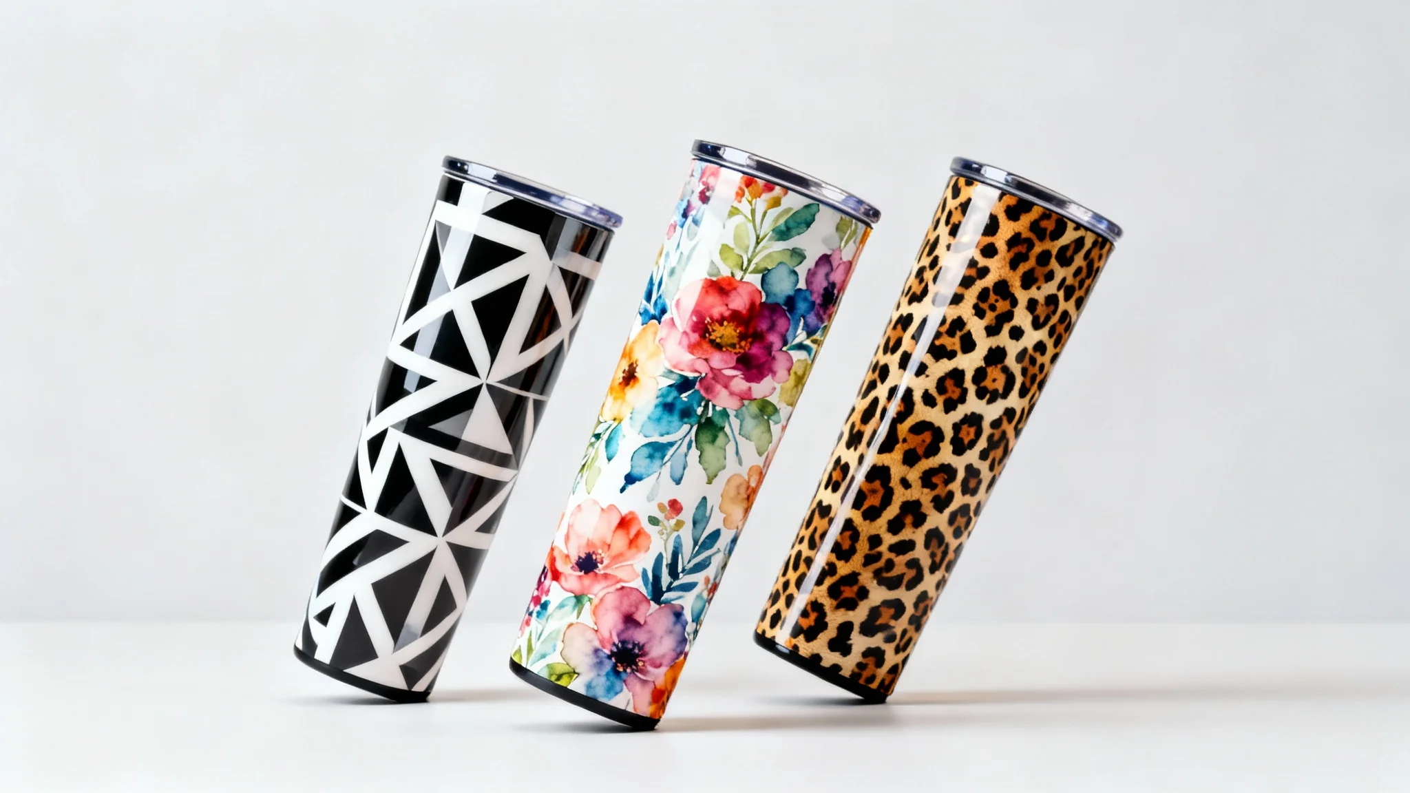 Three beautifully designed 20 oz tumblers with custom wraps, including floral, geometric, and leopard print patterns, displayed in a professional product shot.