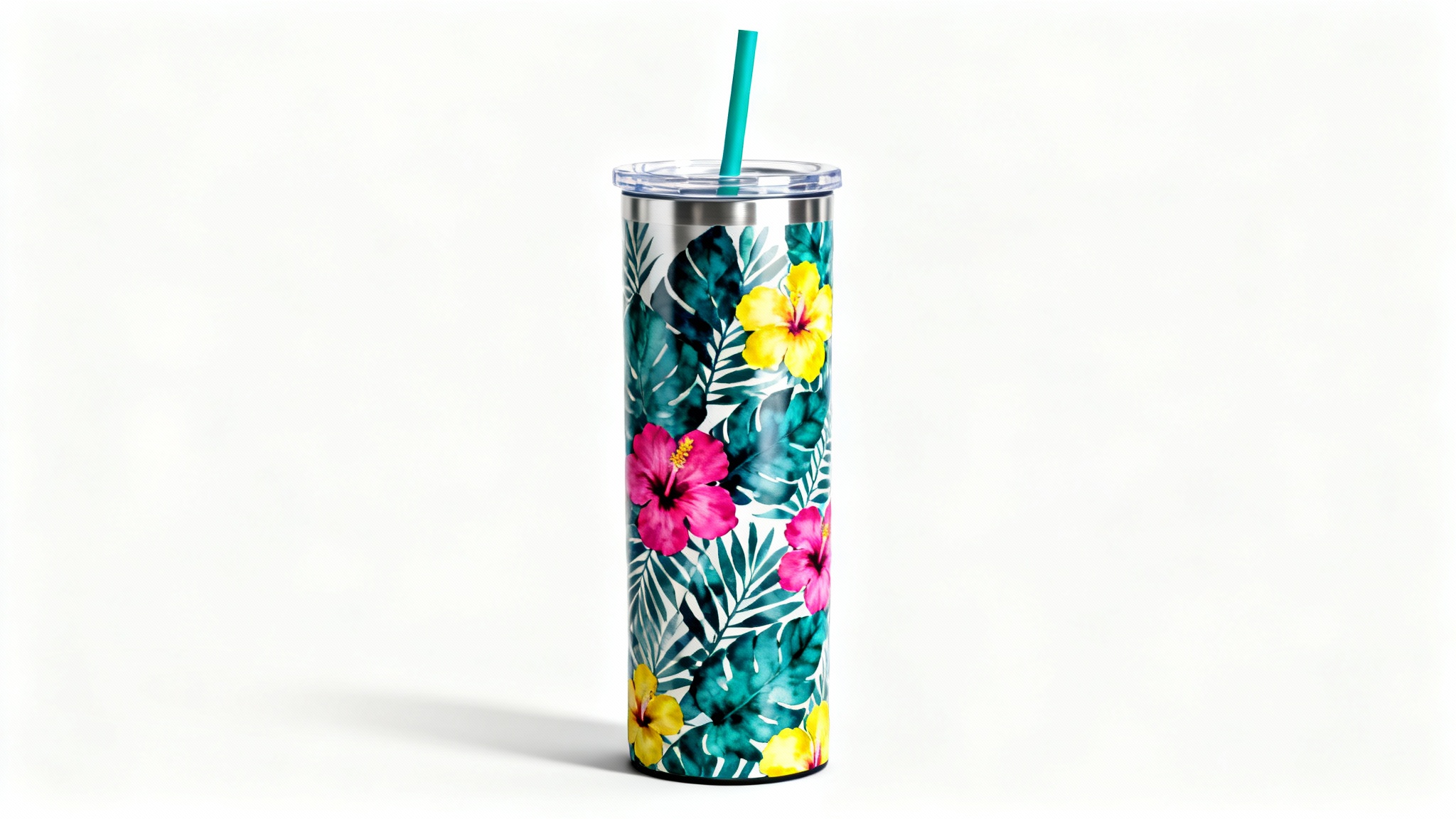 A realistic product mockup of a 20 oz tumbler with a vibrant tropical floral and leaf wrap design, shown against a plain white background.