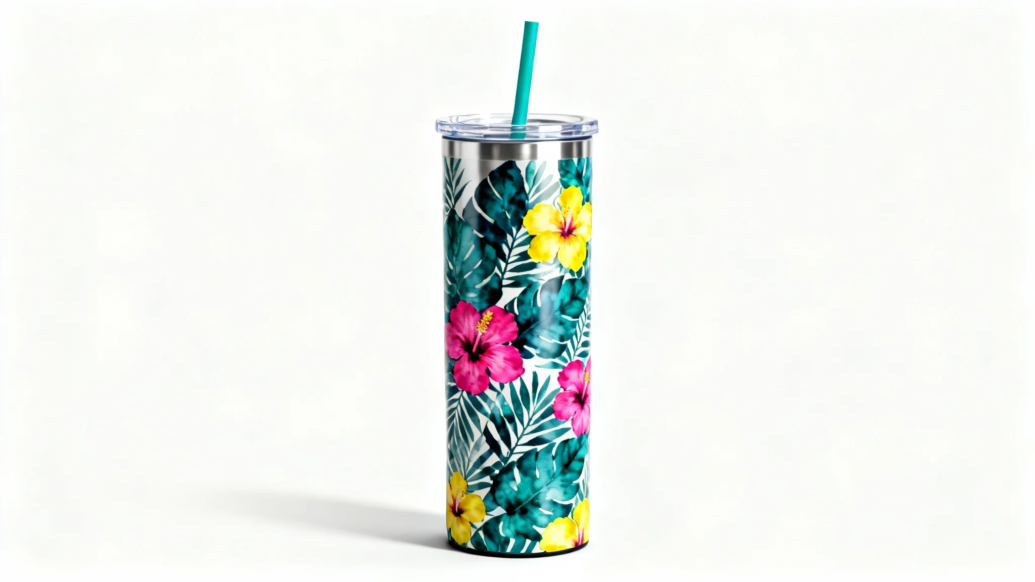 A realistic product mockup of a 20 oz tumbler with a vibrant tropical floral and leaf wrap design, shown against a plain white background.
