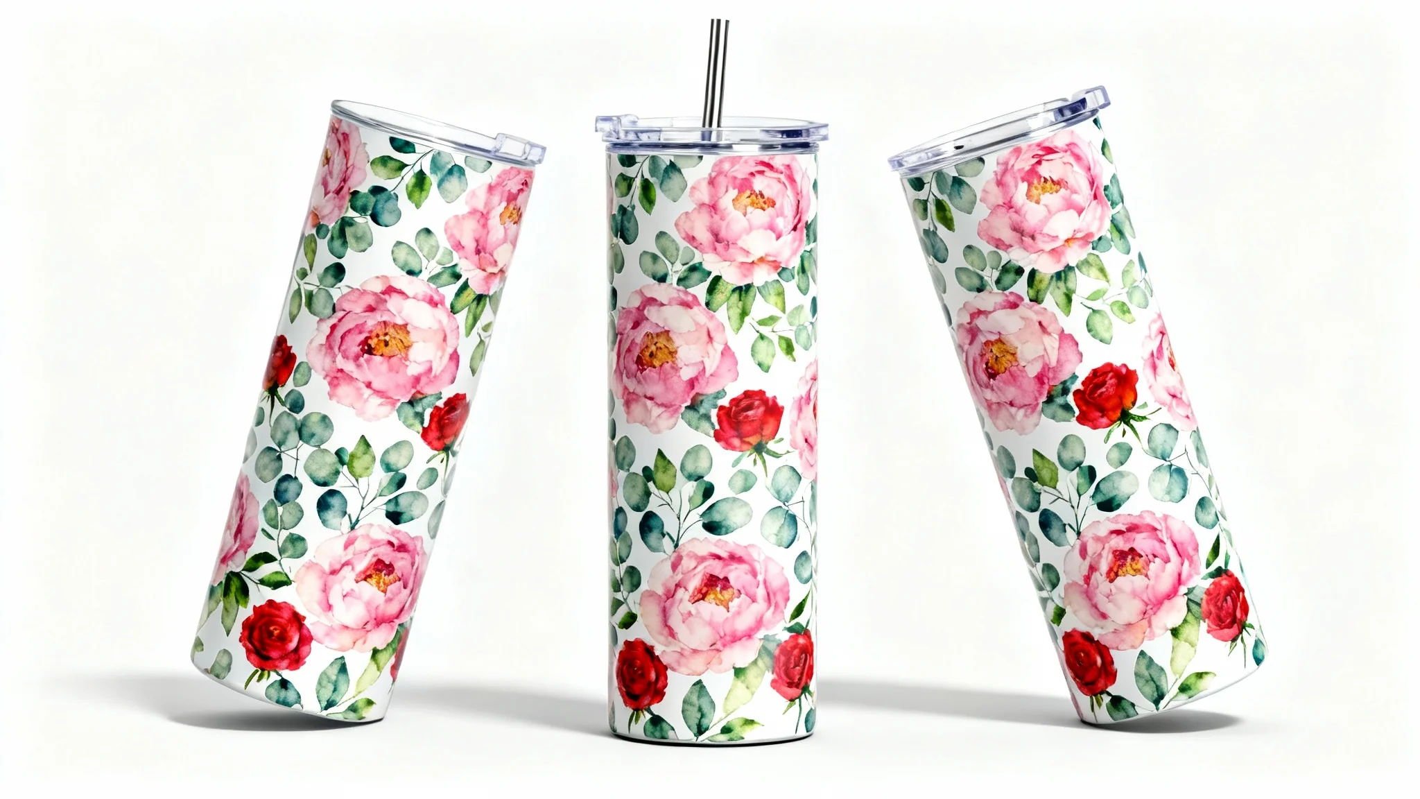 A product mockup featuring three 20 oz tumblers with a vibrant watercolor floral wrap design, displayed against a plain white background.