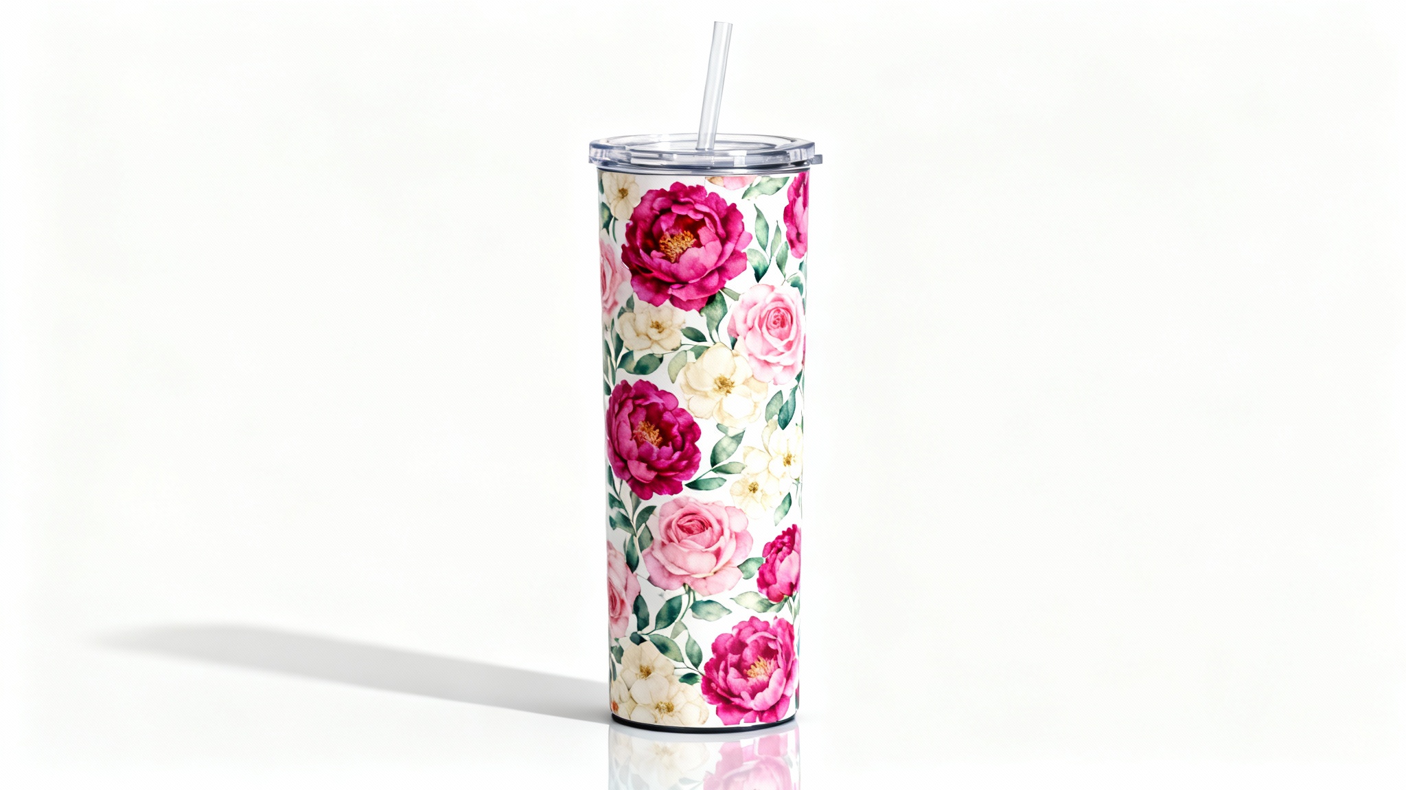 A photorealistic product mockup of a 20 oz skinny tumbler with a vibrant watercolor floral wrap design, complete with a clear lid and straw, set against a clean white background.