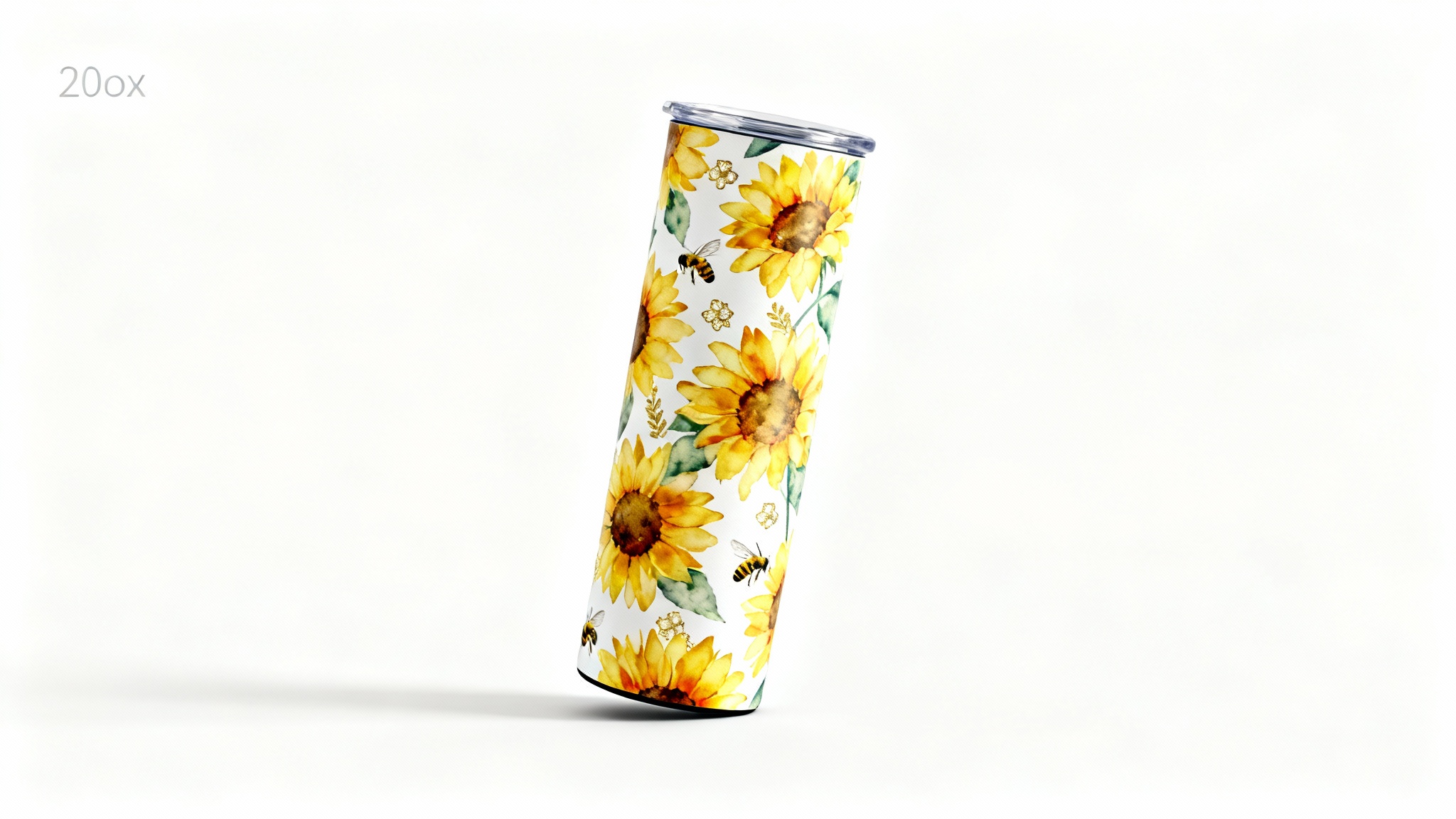 A close-up product mockup of a 20 oz skinny tumbler featuring a vibrant watercolor sunflower and honeybee wrap design, presented against a clean white background.