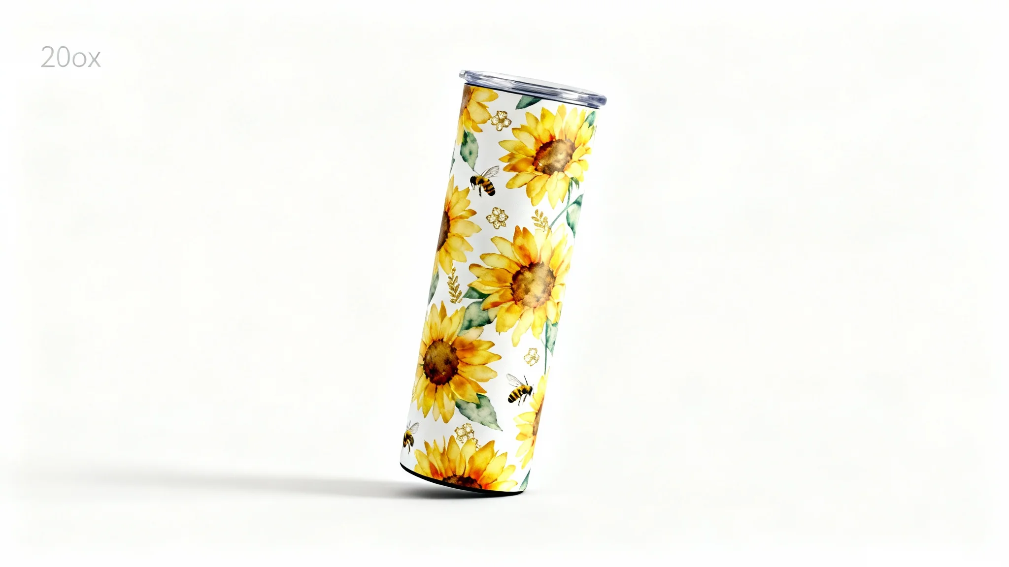 A close-up product mockup of a 20 oz skinny tumbler featuring a vibrant watercolor sunflower and honeybee wrap design, presented against a clean white background.