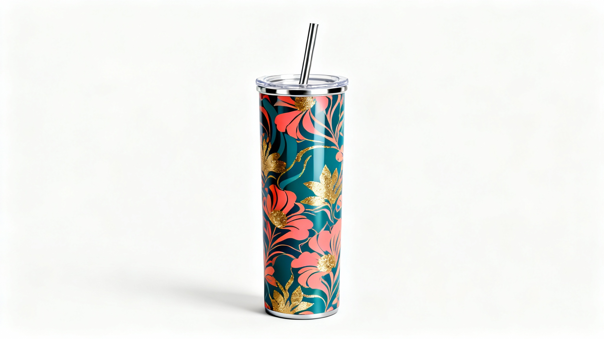A 20 oz skinny tumbler with a vibrant abstract floral wrap in teal, coral, and gold, shown with a lid and straw against a clean white background.