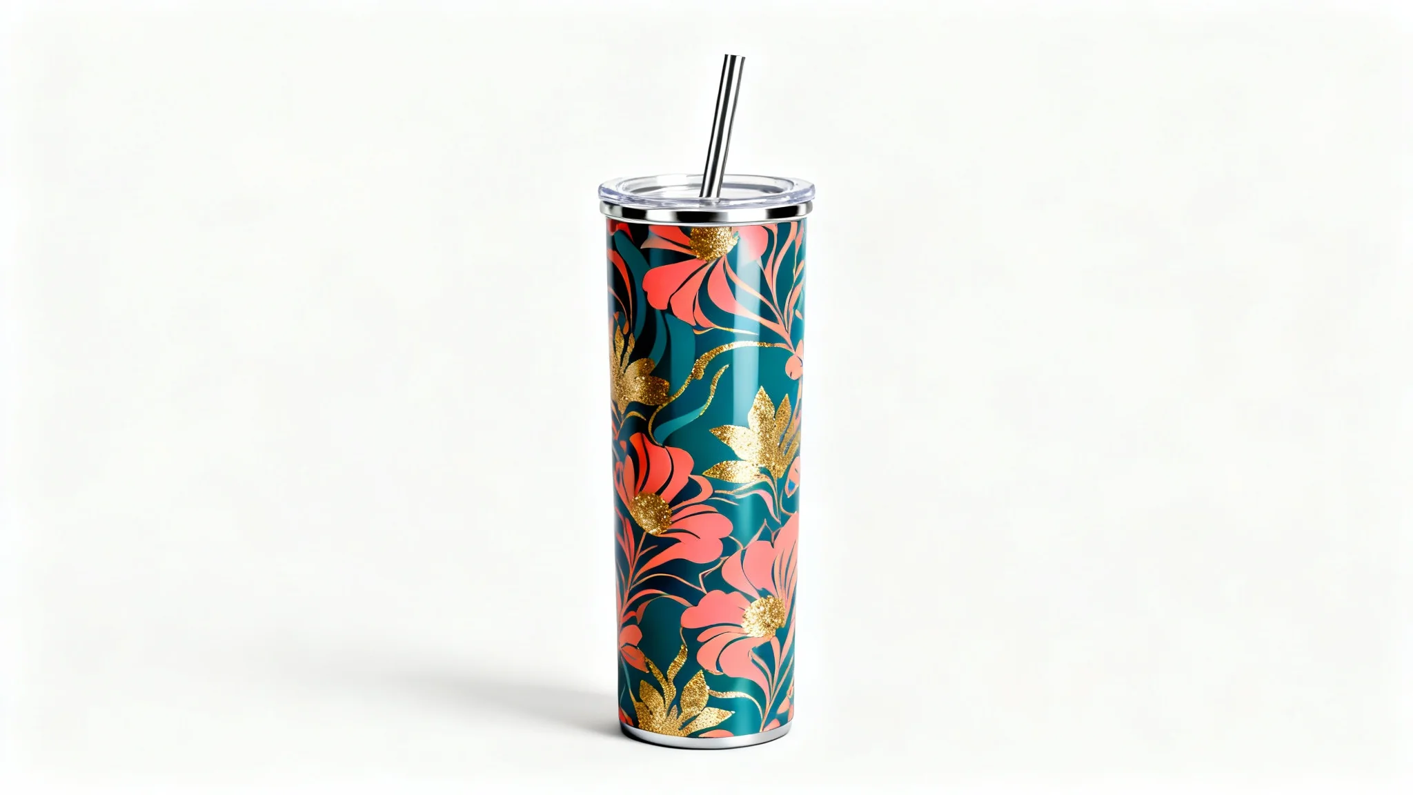 A 20 oz skinny tumbler with a vibrant abstract floral wrap in teal, coral, and gold, shown with a lid and straw against a clean white background.