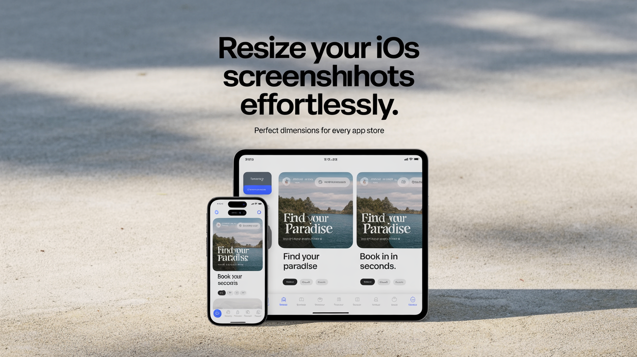 A promotional hero image for an iOS screenshot resizer tool, showing beautifully formatted App Store screenshots for a travel app on various iPhone and iPad mockups. The main text reads 'Resize Your iOS Screenshots Effortlessly'.