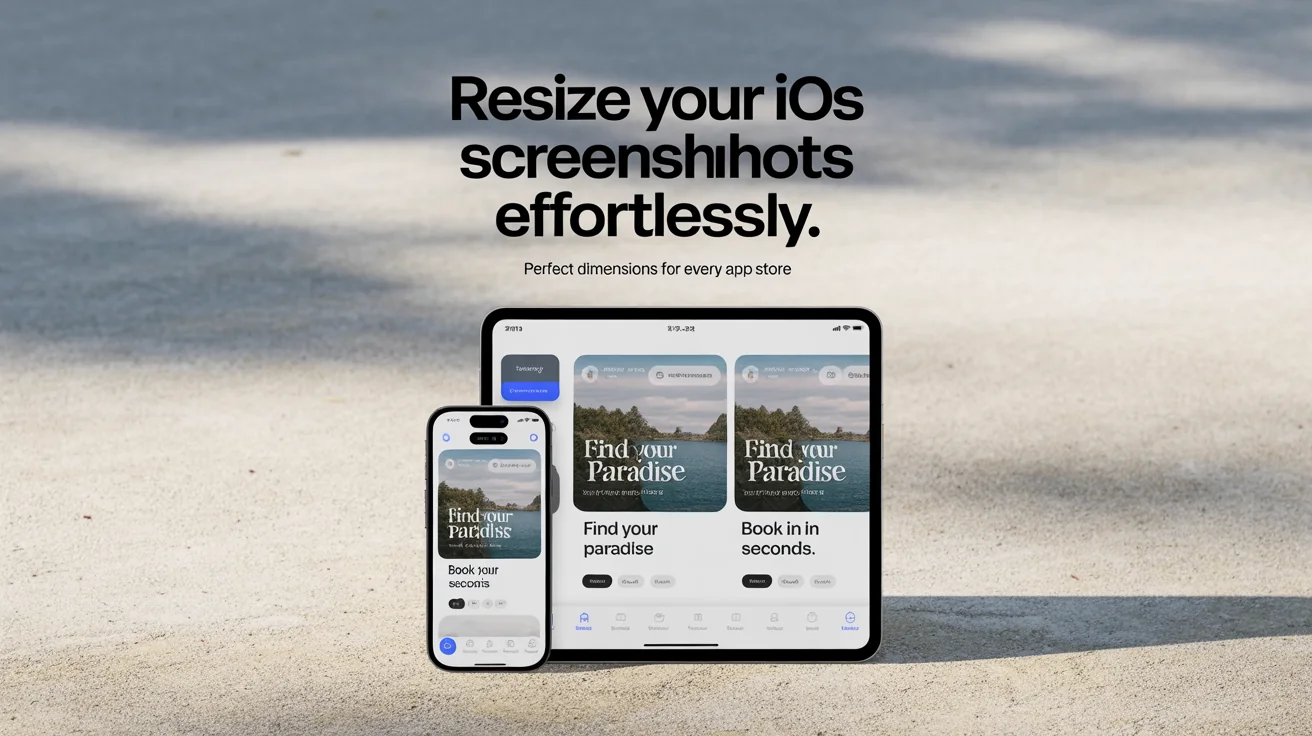 A promotional hero image for an iOS screenshot resizer tool, showing beautifully formatted App Store screenshots for a travel app on various iPhone and iPad mockups. The main text reads 'Resize Your iOS Screenshots Effortlessly'.
