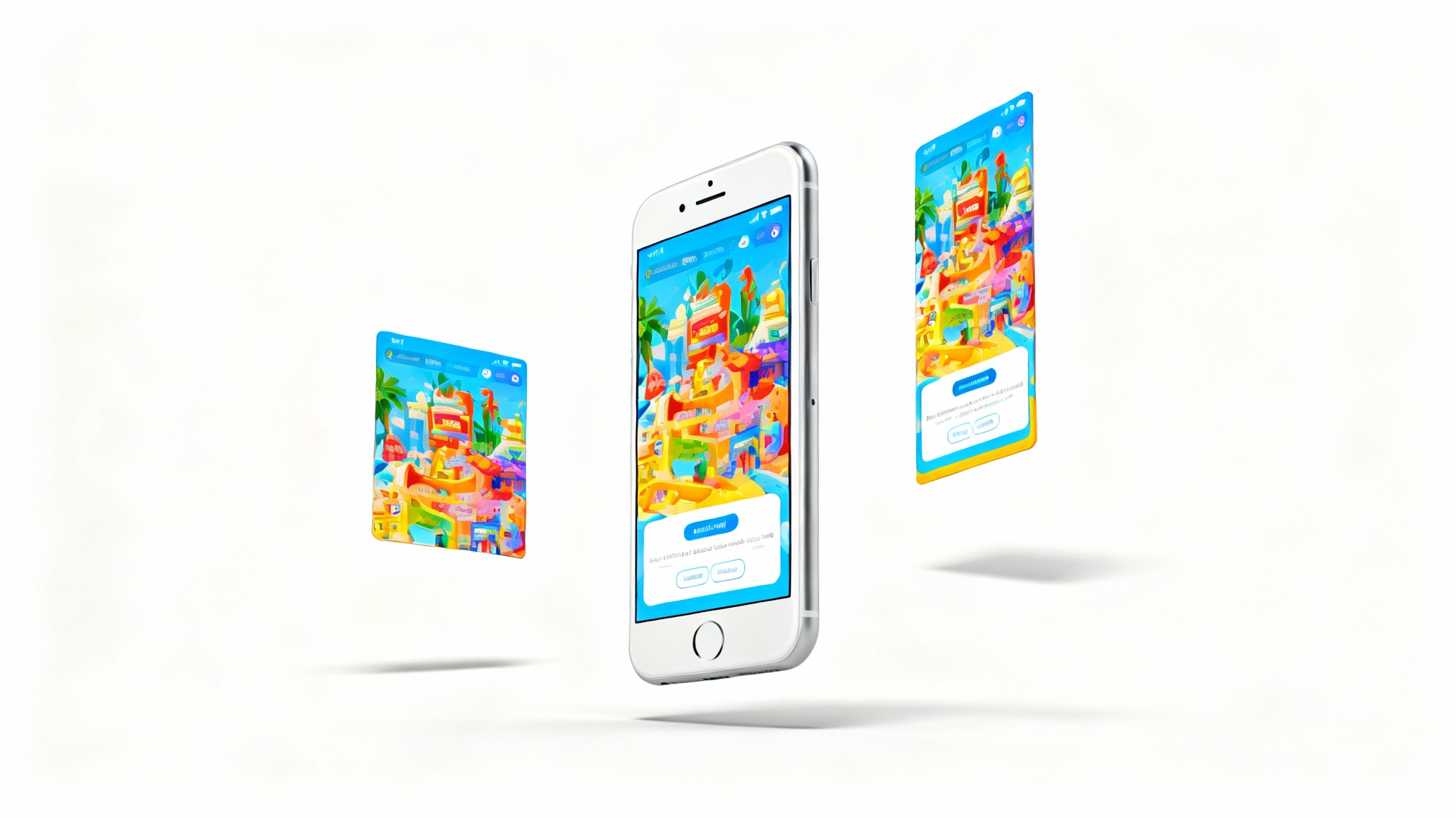 A central smartphone displaying an app screenshot, with three versions of the same screenshot floating around it, each resized to a different aspect ratio (square, vertical, horizontal), against a clean white background.