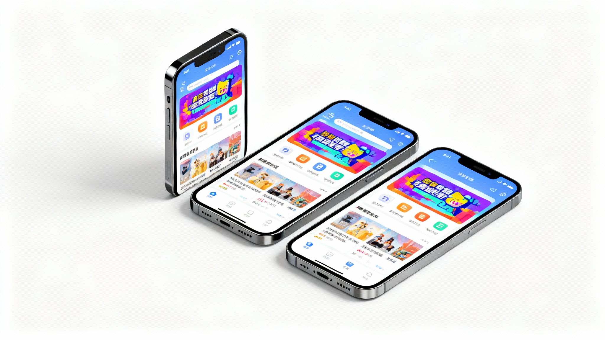 Three modern iPhones on a white background, each displaying the same app screenshot but resized to different aspect ratios, vertical, square, and landscape to demonstrate a screenshot resizing tool.