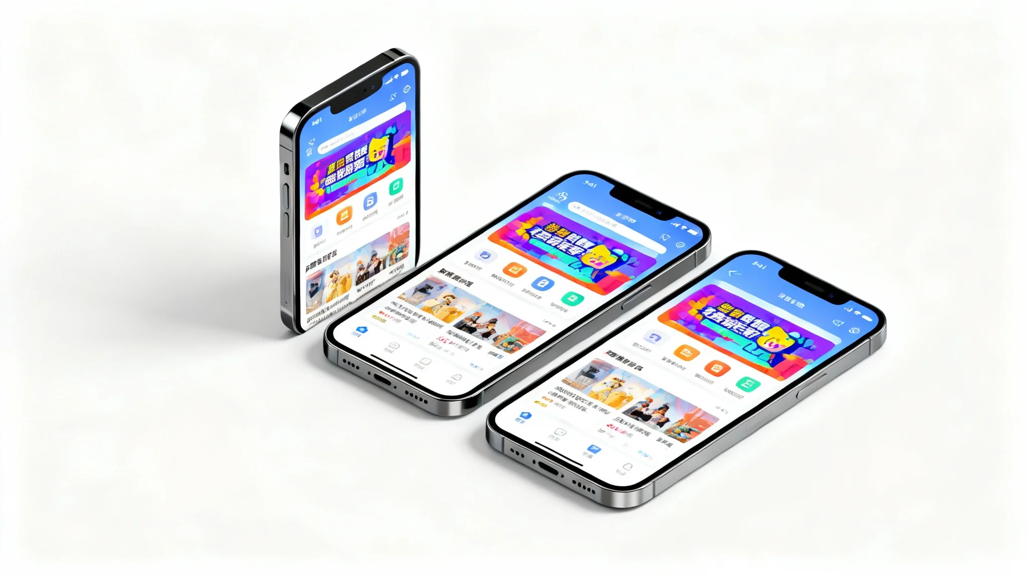 Three modern iPhones on a white background, each displaying the same app screenshot but resized to different aspect ratios, vertical, square, and landscape to demonstrate a screenshot resizing tool.