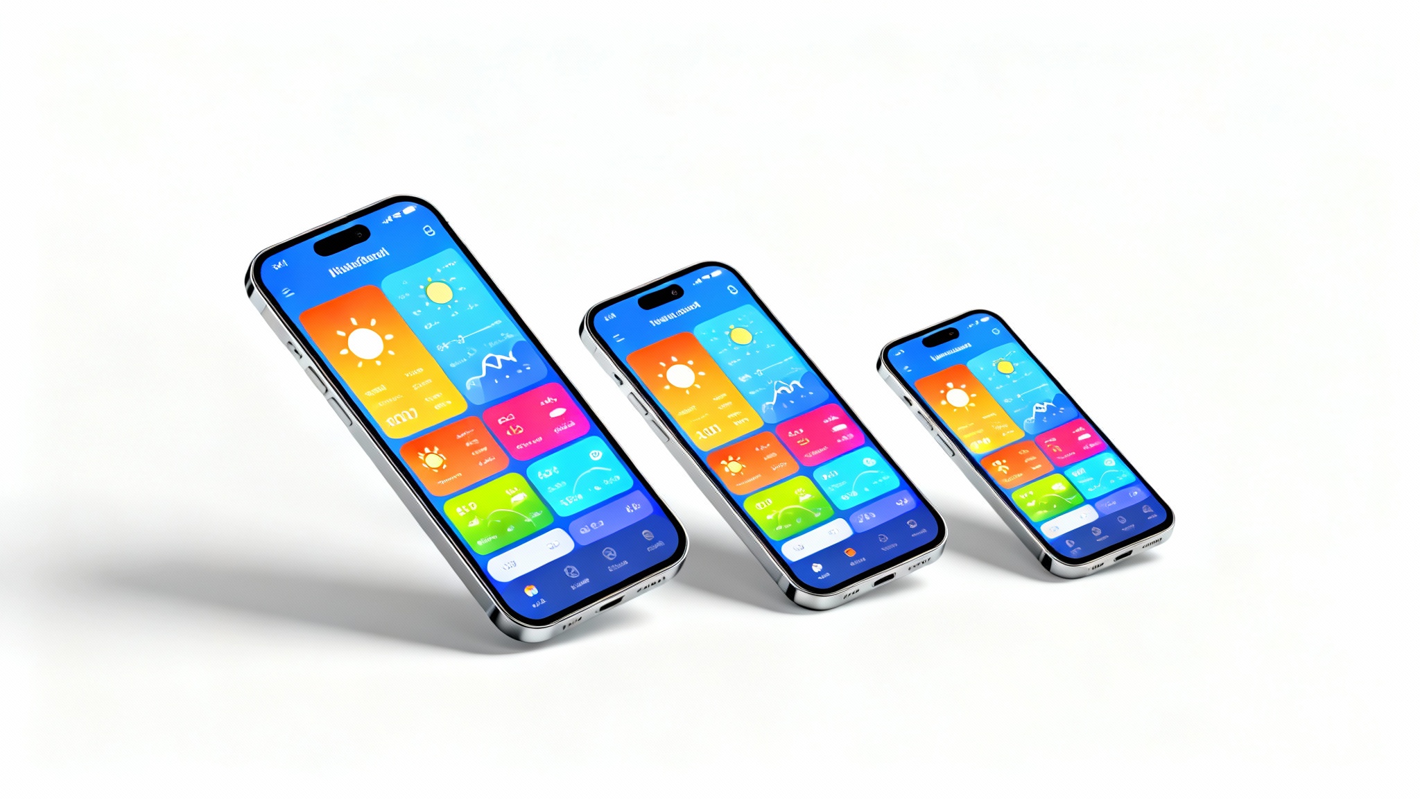 Three smartphones in a row on a white background, showing the same screenshot but at progressively smaller sizes to illustrate the concept of an iOS screenshot resizer.
