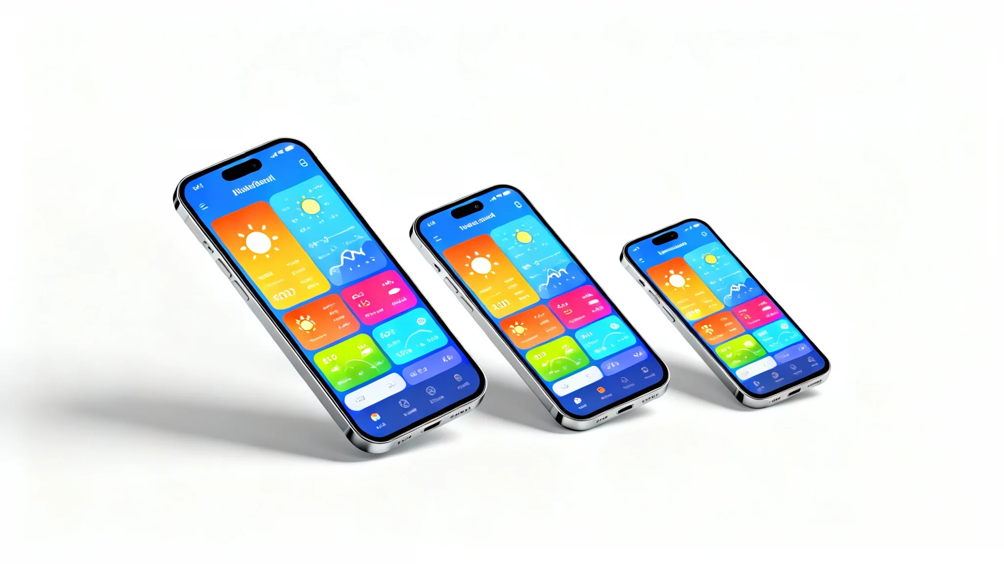 Three smartphones in a row on a white background, showing the same screenshot but at progressively smaller sizes to illustrate the concept of an iOS screenshot resizer.