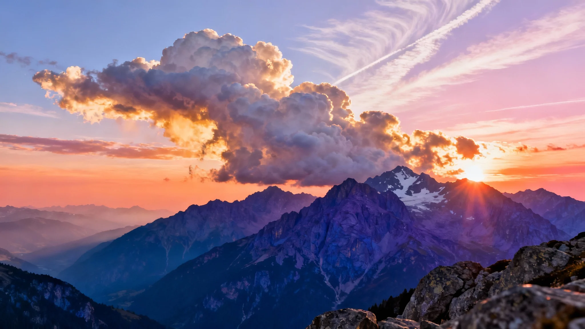 A stunning mountain landscape at sunset, showcasing a sky filled with dramatic, beautifully added clouds, representing the final result of a photo enhancement tool.