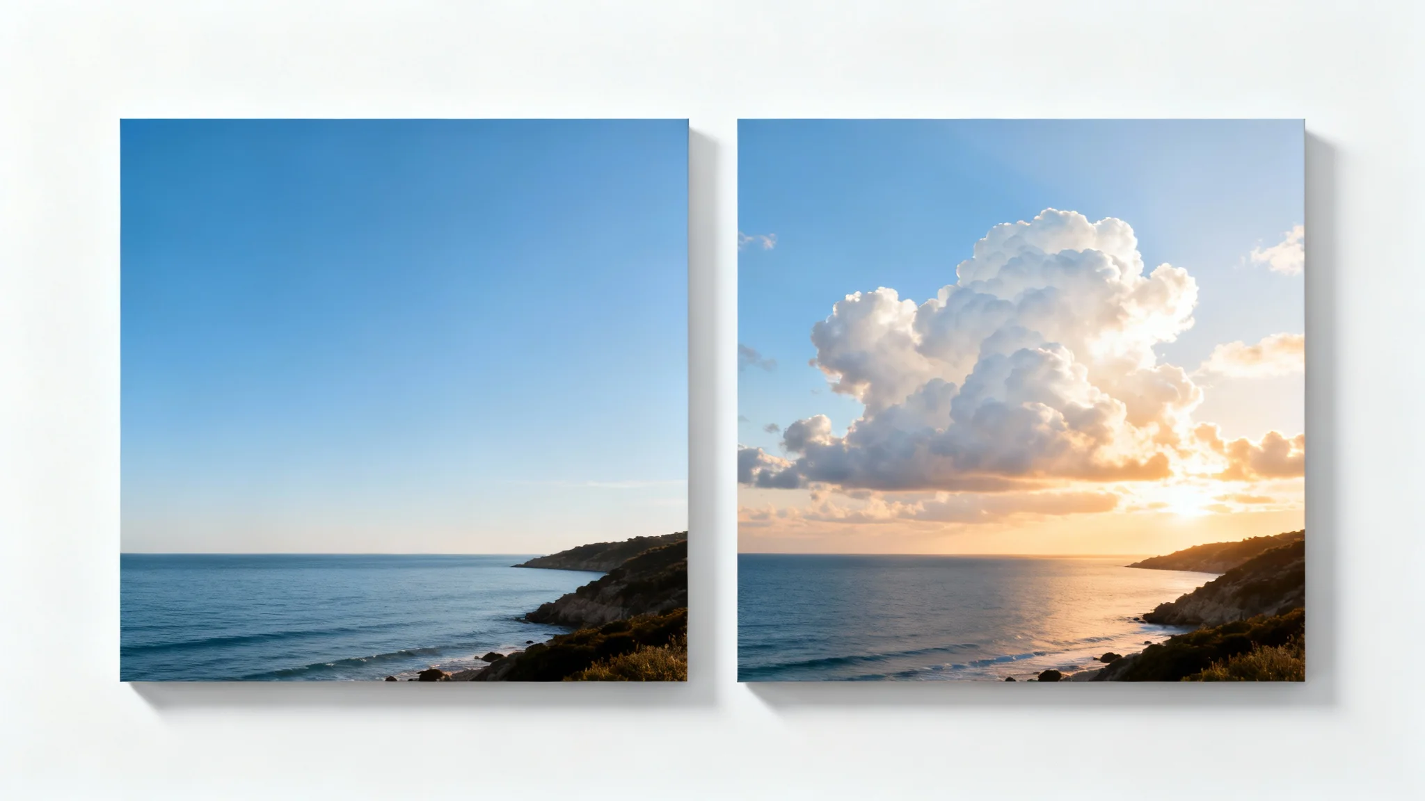 A before-and-after split image demonstrating a photo editing feature. The left side shows a coastal scene with a clear sky, and the right side shows the same scene with beautiful clouds added.