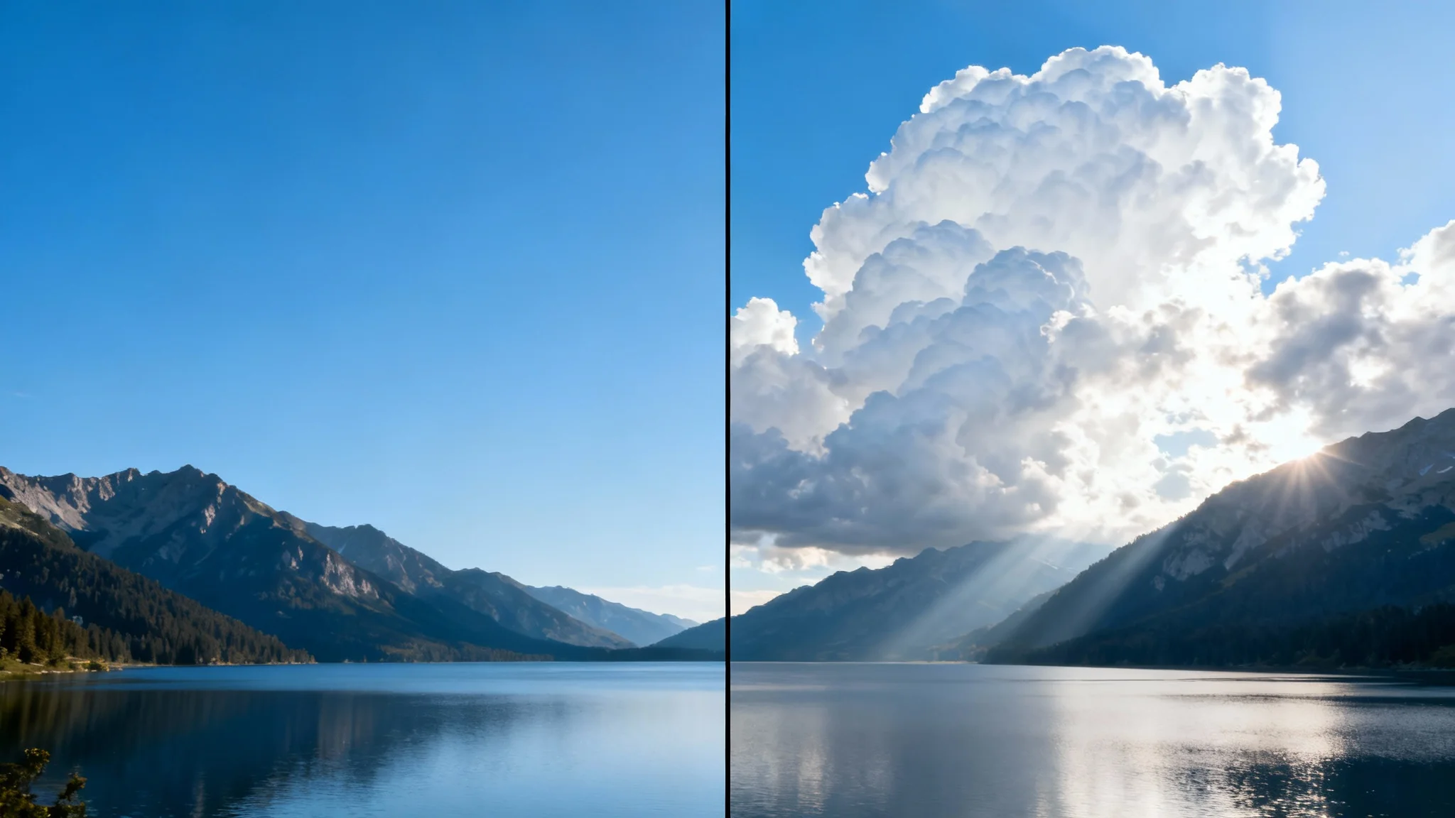 A split-screen comparison photo showing a mountain lake scene. The left image has a clear, empty blue sky, while the right image shows the same scene with dramatic, fluffy clouds added to the sky.