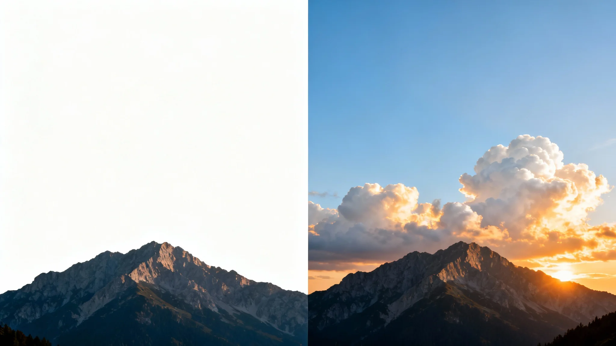 A before-and-after comparison image. The left side shows a mountain landscape with a clear, empty blue sky. The right side shows the same landscape with dramatic, fluffy clouds added to the sky.