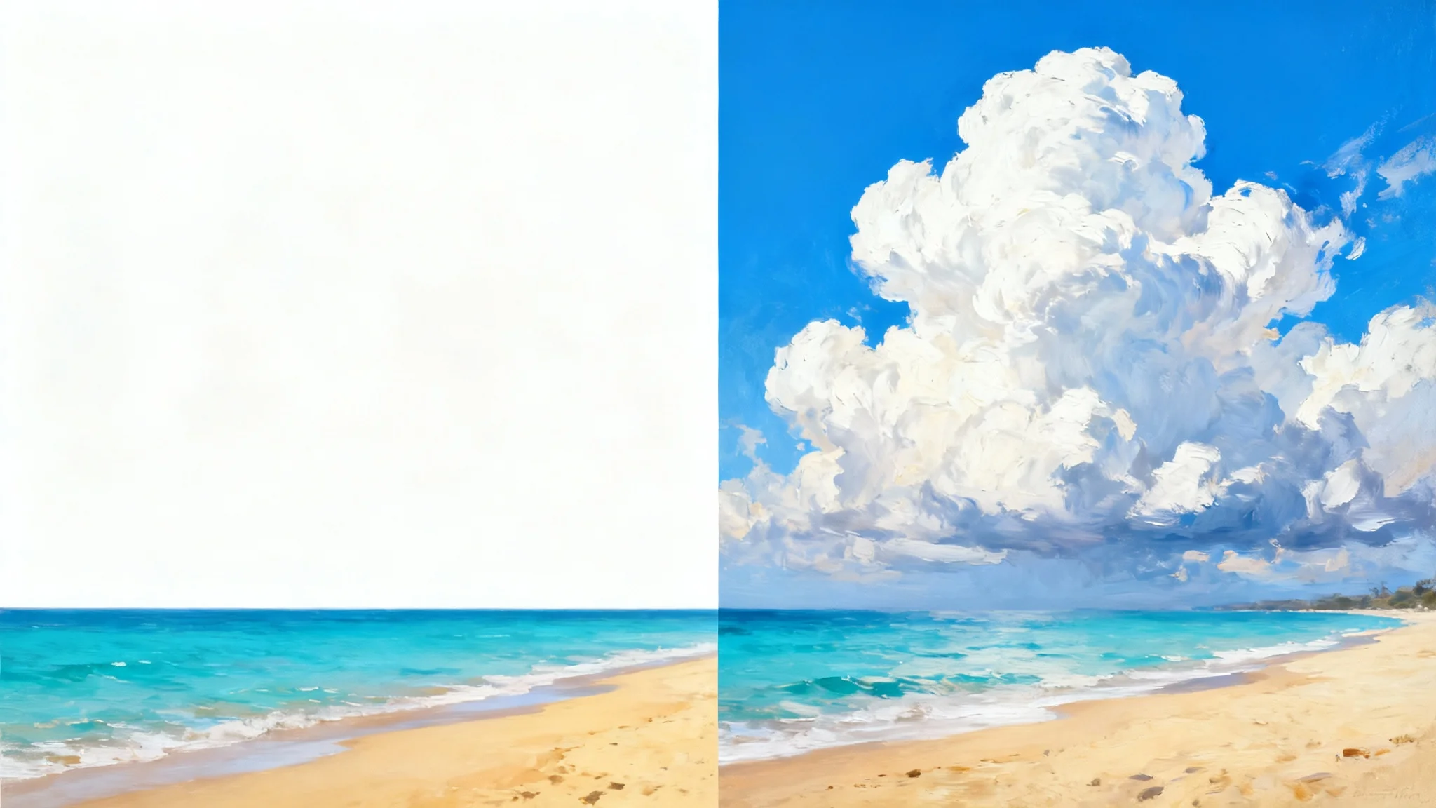 A before-and-after, split-screen image of a beach landscape. The 'before' side on the left shows a clear blue sky, and the 'after' side on the right shows the same scene with beautiful fluffy clouds added to the sky.