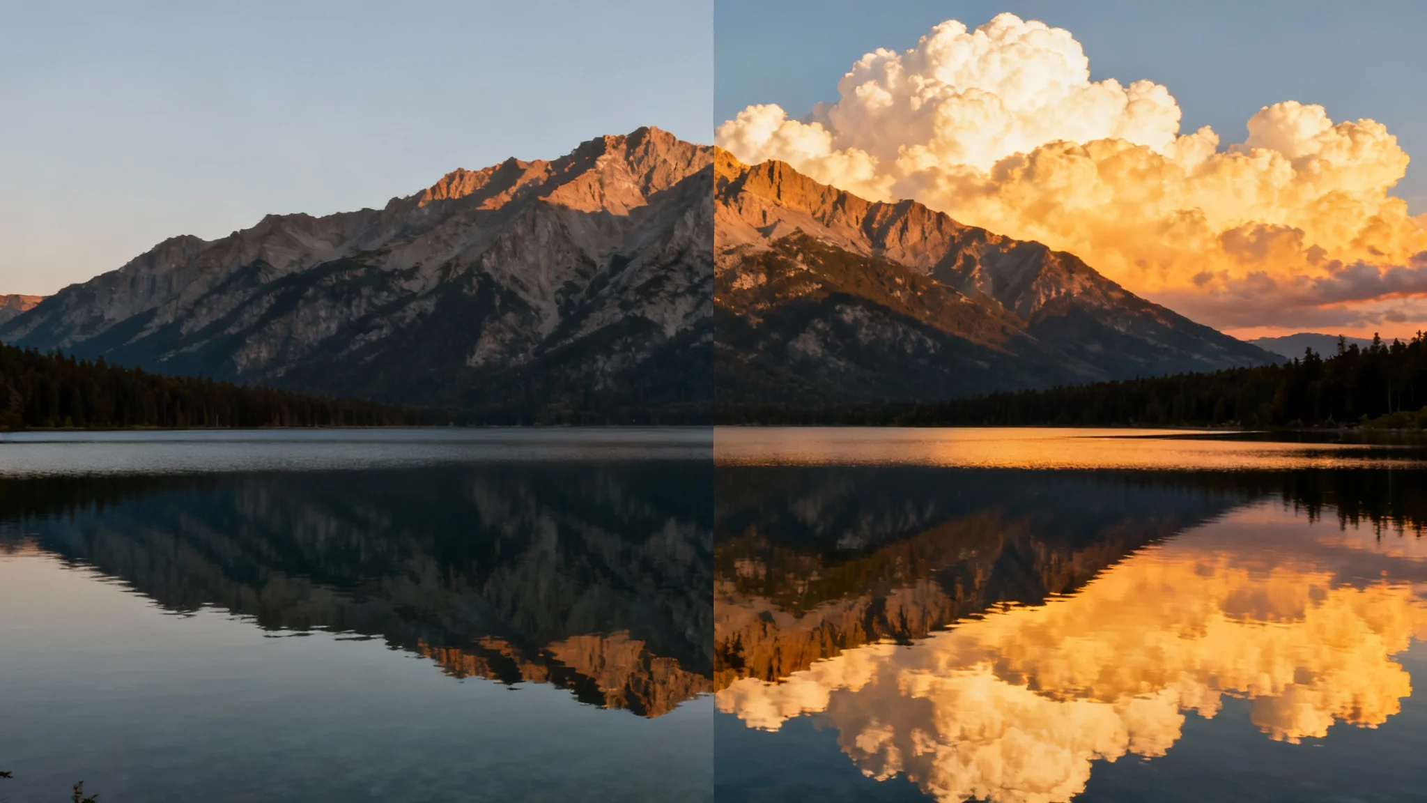 A split-screen comparison of a mountain landscape photo. The left side shows the scene with a plain, blank sky, and the right side shows the same scene with beautiful, dramatic clouds added.