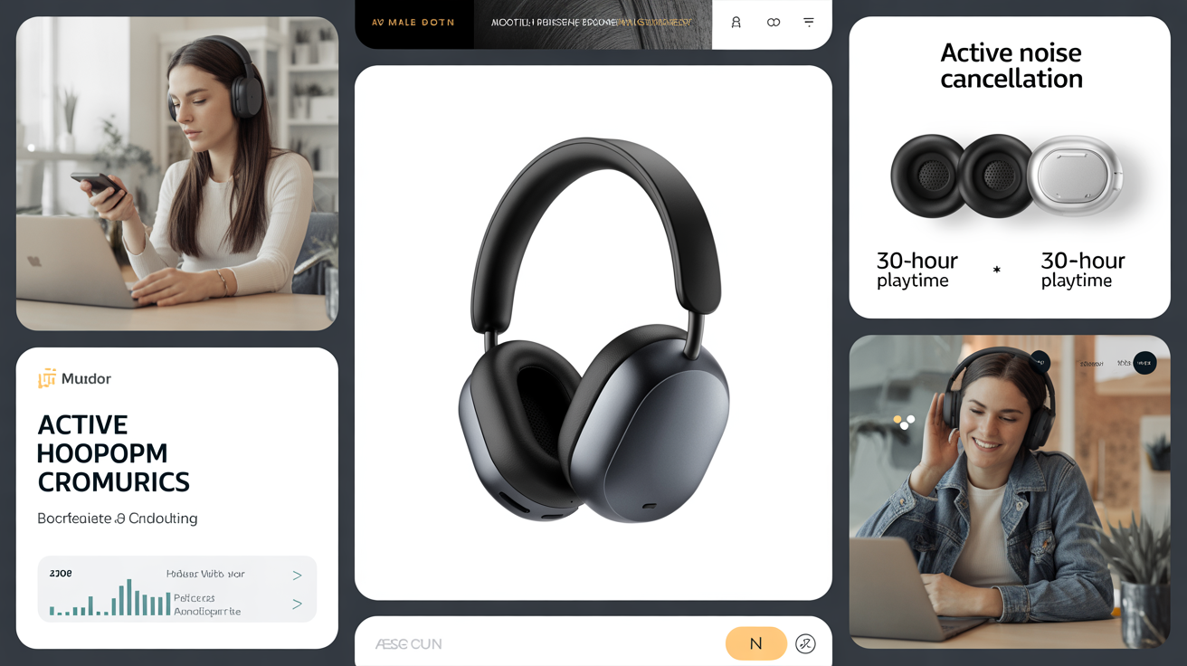 A collage of professionally designed Amazon product listing images for a fictional black wireless headphone, showcasing what a design tool can create. Includes a main product shot, an infographic with features, and a lifestyle image.