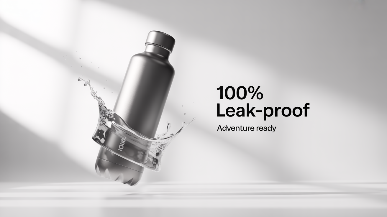 An Amazon listing image showcasing a matte gray water bottle on a white background. A splash of water surrounds the bottle, and text reads '100% LEAK-PROOF, ADVENTURE READY'.