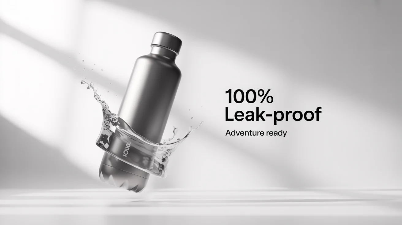 An Amazon listing image showcasing a matte gray water bottle on a white background. A splash of water surrounds the bottle, and text reads '100% LEAK-PROOF, ADVENTURE READY'.
