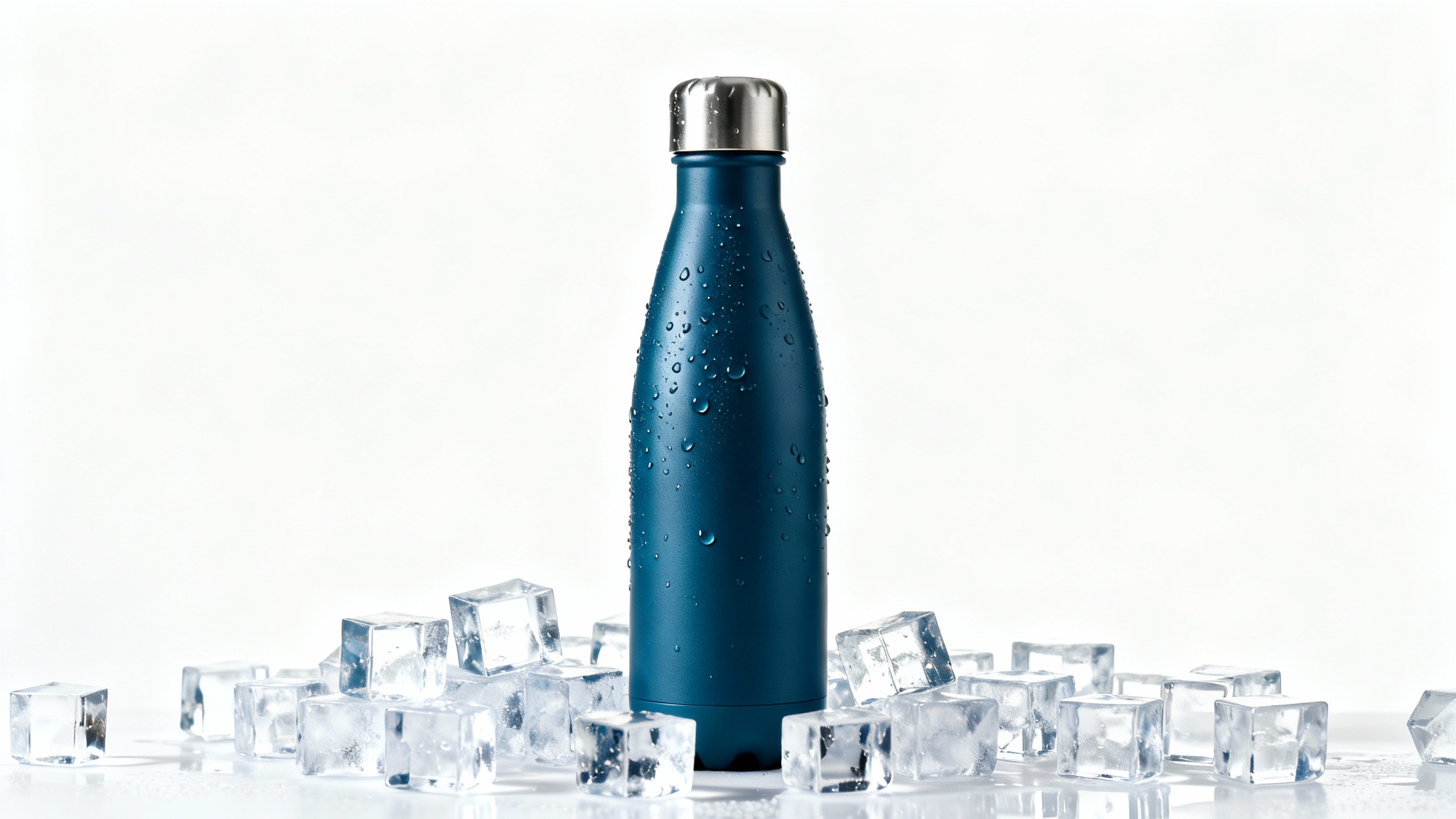 A commercial product photo of a sleek, matte blue stainless steel water bottle covered in condensation, sitting on a white background with ice cubes scattered at its base to highlight its ability to keep drinks cold.
