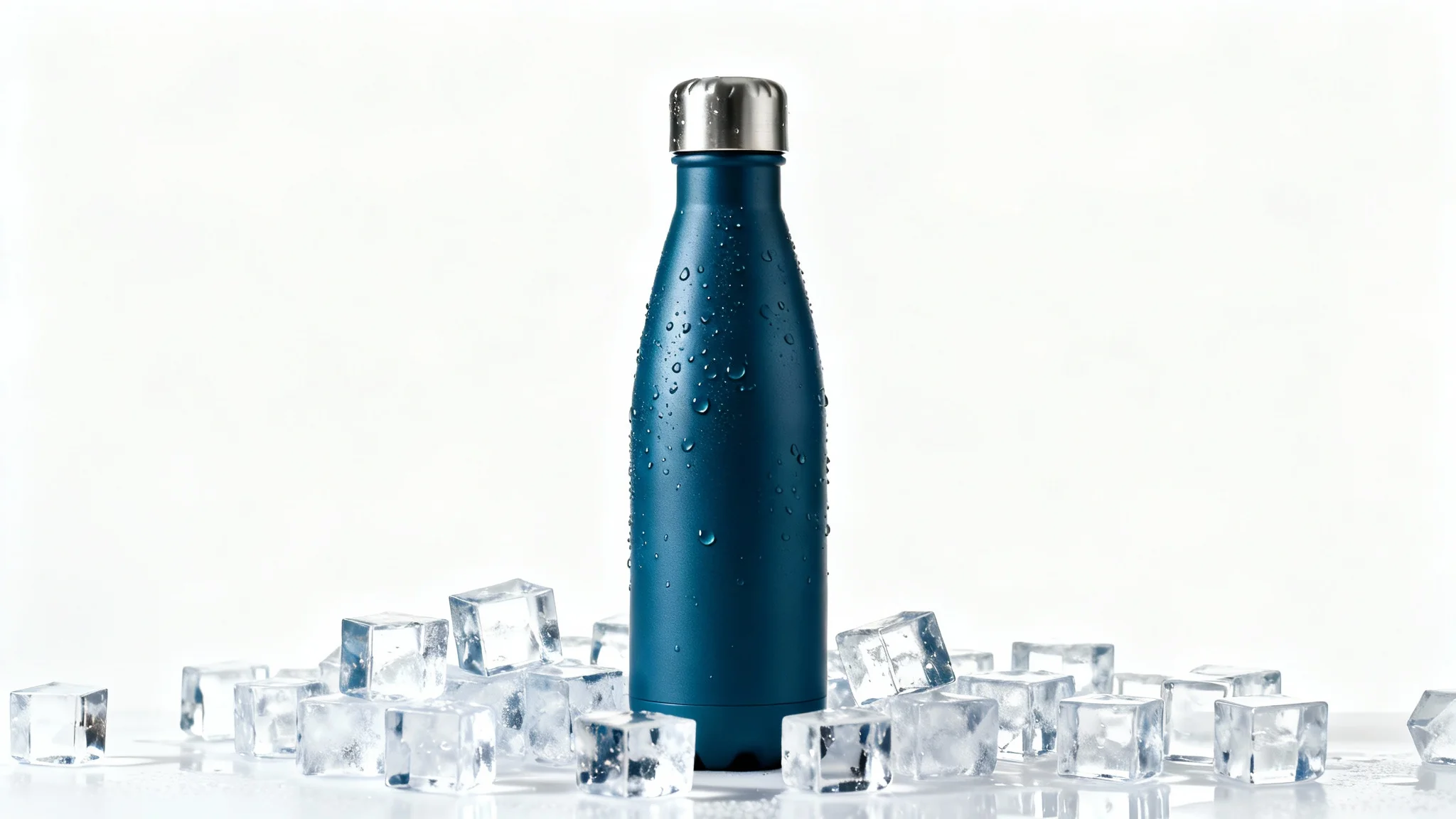 A commercial product photo of a sleek, matte blue stainless steel water bottle covered in condensation, sitting on a white background with ice cubes scattered at its base to highlight its ability to keep drinks cold.