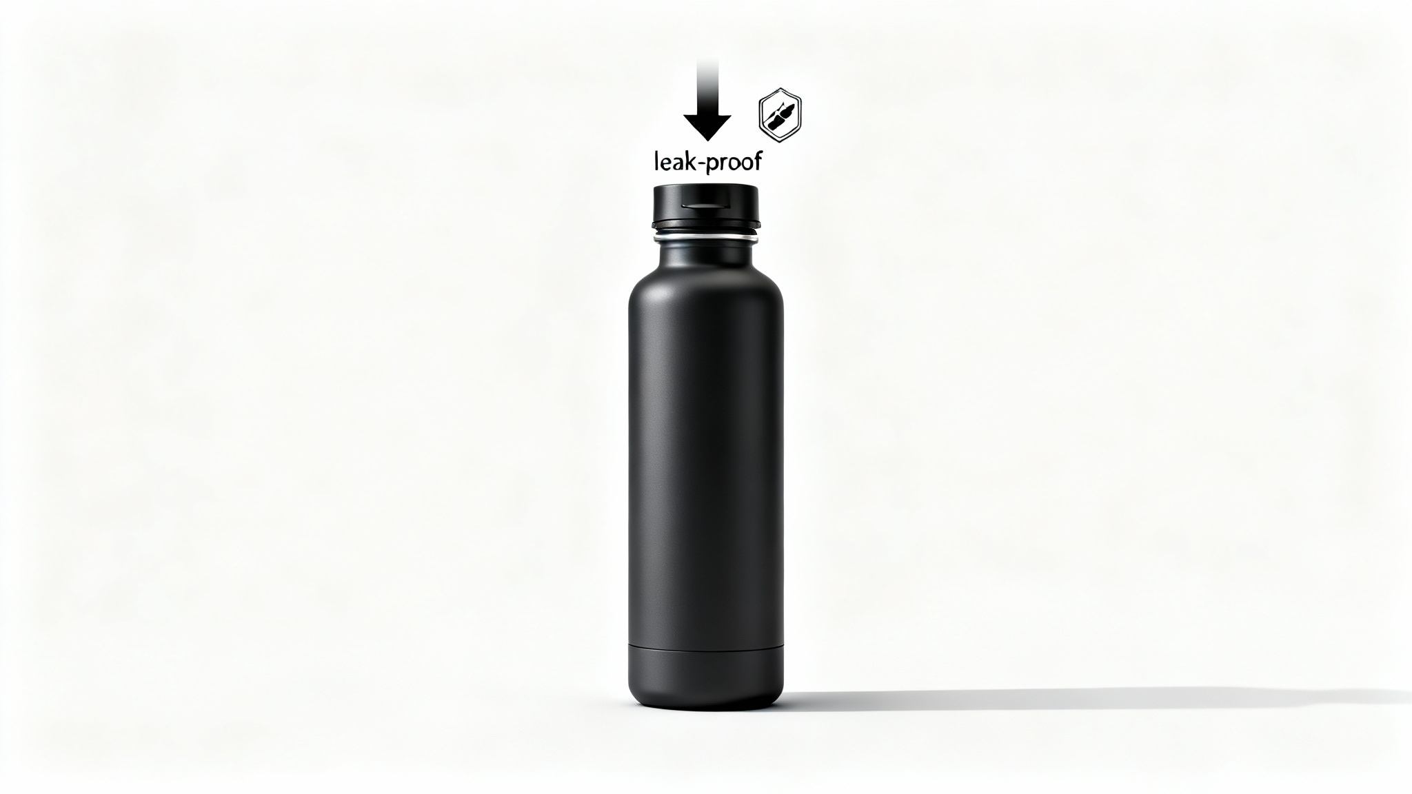 A sleek, modern water bottle photographed on a white background for an Amazon listing, with a graphic element pointing to its leak-proof lid to highlight a key feature.