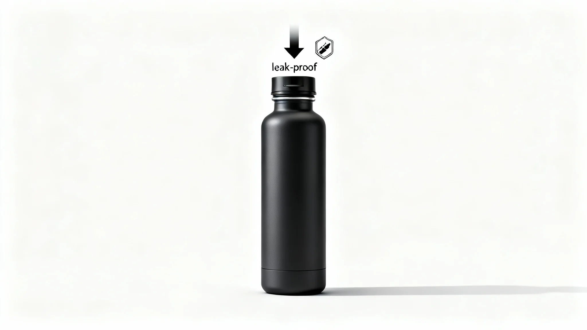 A sleek, modern water bottle photographed on a white background for an Amazon listing, with a graphic element pointing to its leak-proof lid to highlight a key feature.