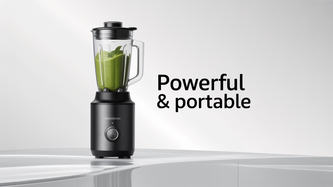 A product mockup for an Amazon listing showing a sleek, black portable blender filled with a green smoothie on a white background. A text overlay reads 'Powerful & Portable' to highlight its features.