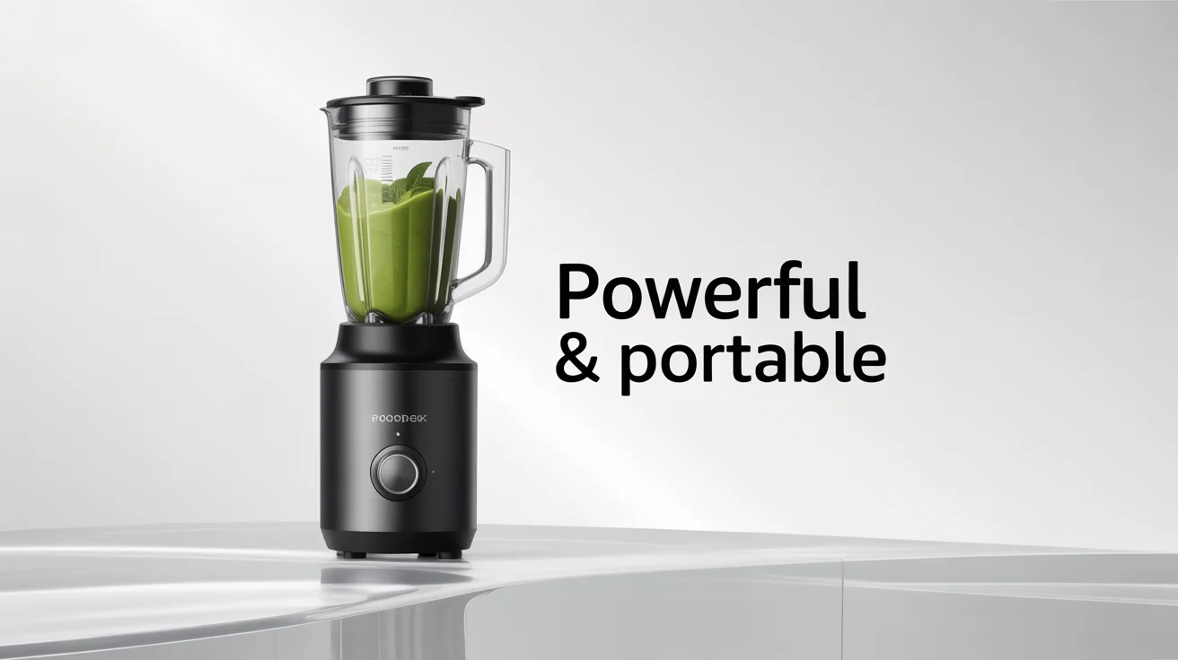 A product mockup for an Amazon listing showing a sleek, black portable blender filled with a green smoothie on a white background. A text overlay reads 'Powerful & Portable' to highlight its features.