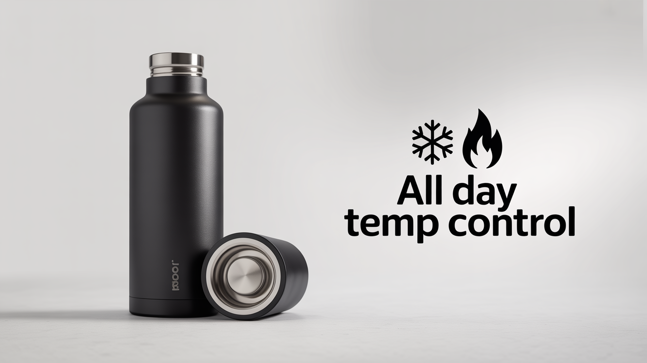 An Amazon listing image mockup showing a matte black water bottle on a white background. A cutaway view reveals its insulation layers, with an icon and text that reads 'ALL DAY TEMP CONTROL' to highlight the feature.
