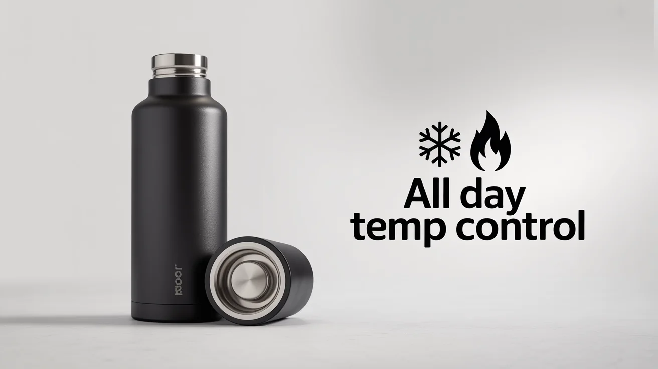 An Amazon listing image mockup showing a matte black water bottle on a white background. A cutaway view reveals its insulation layers, with an icon and text that reads 'ALL DAY TEMP CONTROL' to highlight the feature.
