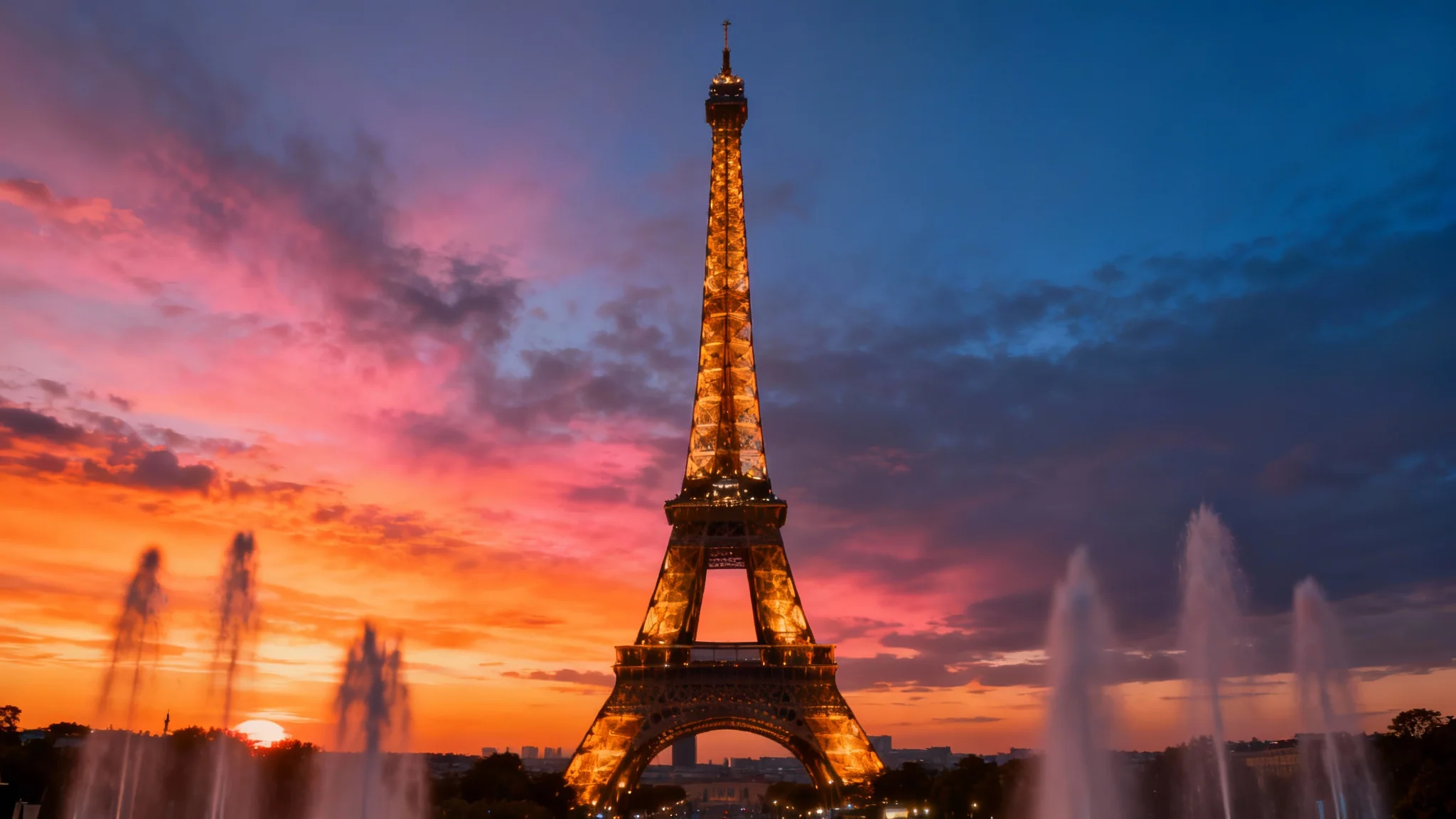 A stunning, professional photograph of the illuminated Eiffel Tower at sunset, viewed from the Trocadéro, designed to be used as a high-quality background.