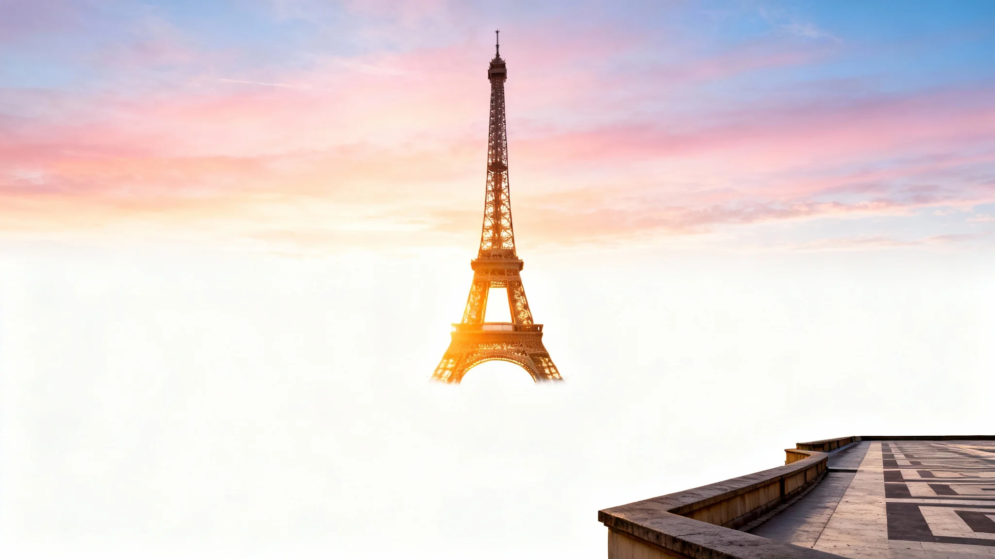A stunning, high-resolution image of the Eiffel Tower at sunrise, viewed from the Trocadéro, creating a serene and beautiful background.
