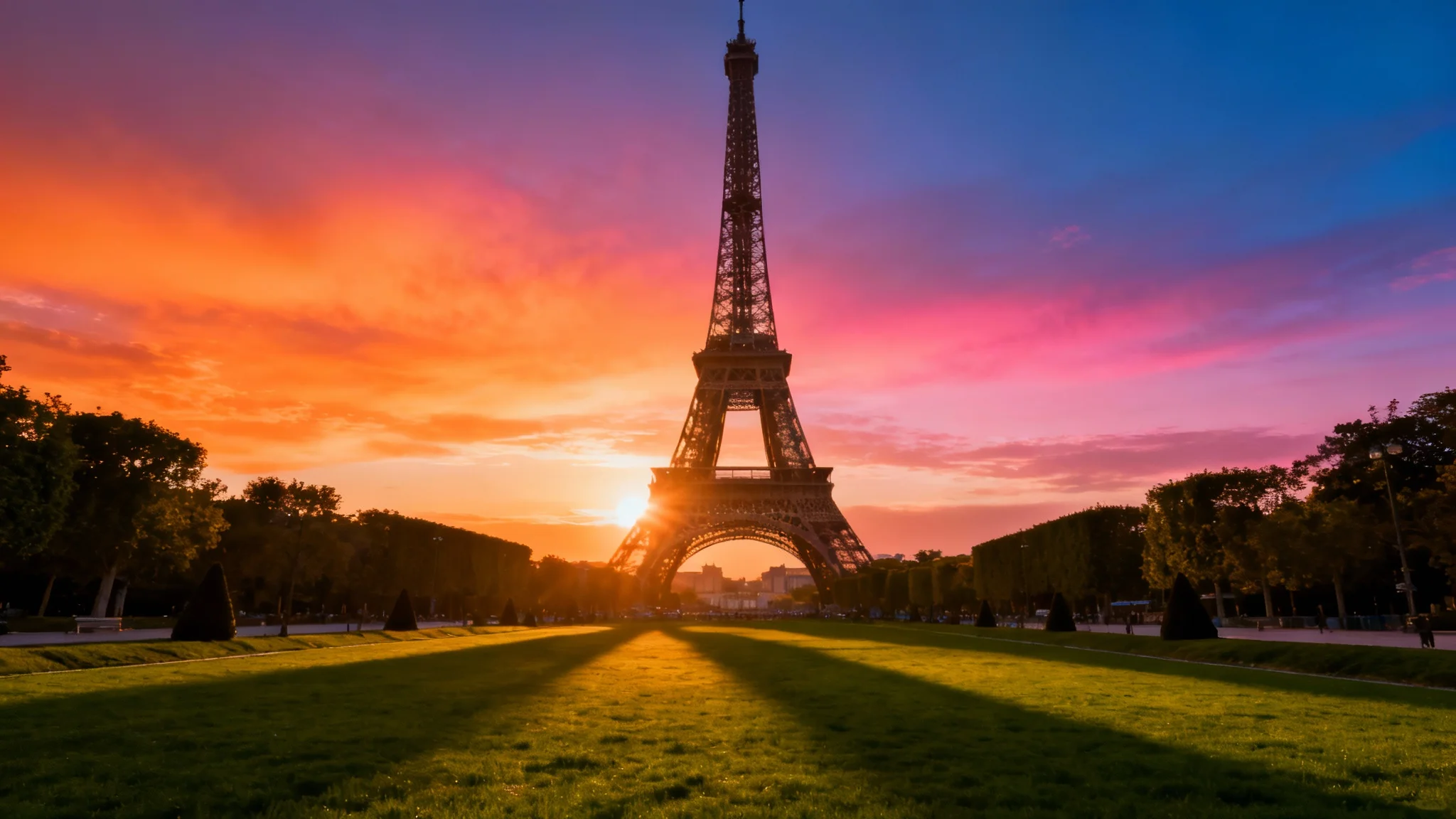 A breathtaking, photorealistic image of the Eiffel Tower at sunset, illuminated by a warm golden light against a sky of orange and purple hues, as seen from the green lawn of the Champ de Mars.