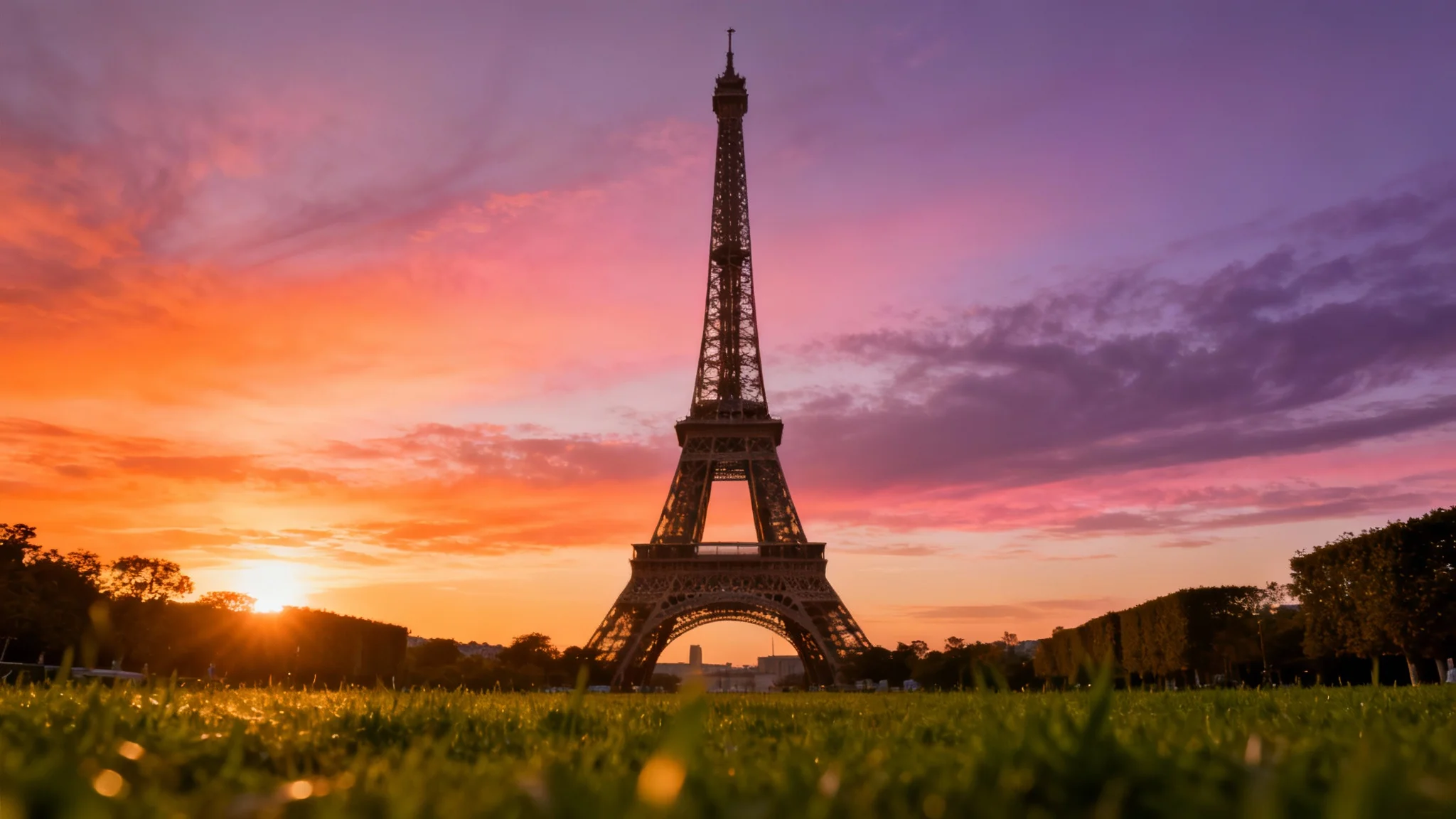 A photorealistic mockup image of the Eiffel Tower at golden hour, with the tower glowing against a vibrant pink and orange sunset sky, presented on a plain white background.