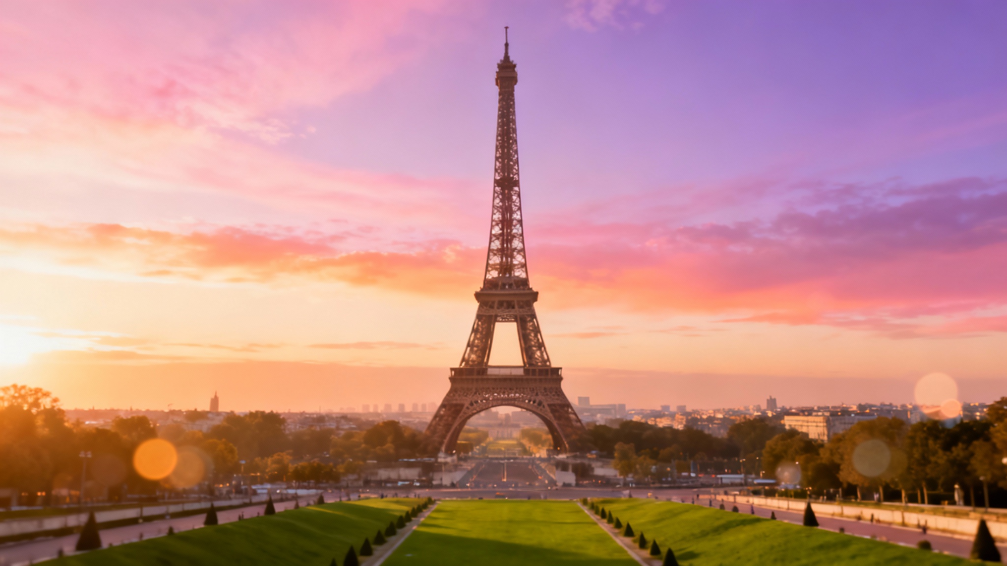 A stunning background image of the Eiffel Tower at golden hour, with a vibrant sunset sky and the blurred lights of Paris in the distance.