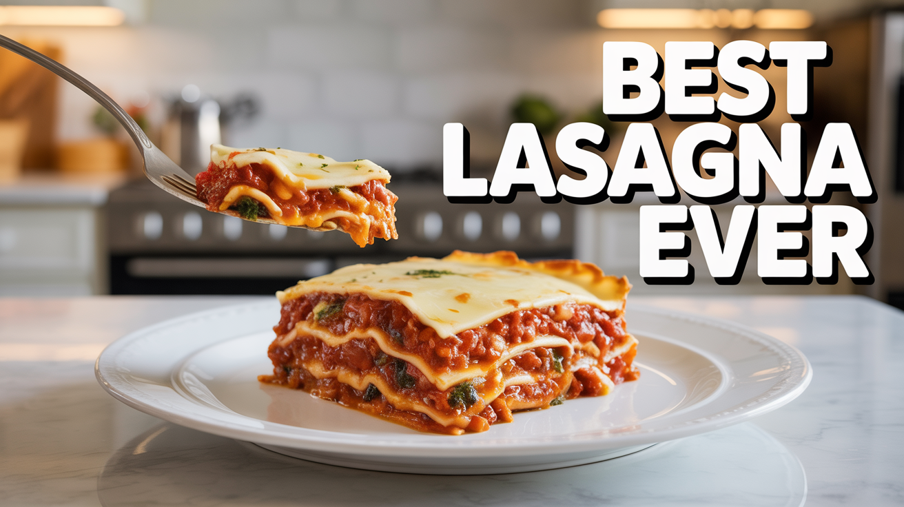 A professionally designed YouTube thumbnail for a cooking video, showing a delicious slice of lasagna with the text 'BEST LASAGNA EVER' in a bold, modern font.