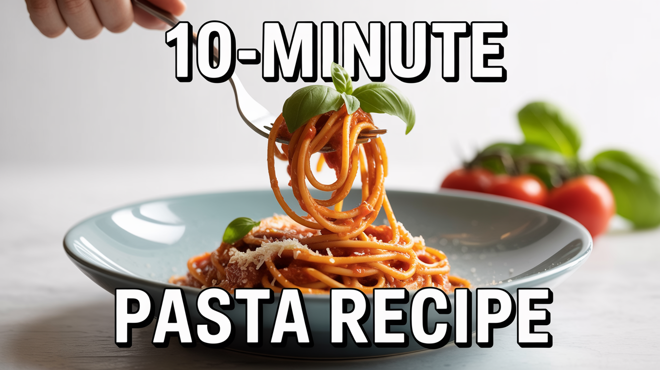 A YouTube cooking thumbnail mockup for a pasta recipe. A fork is shown twirling creamy tomato spaghetti from a white bowl, with text overlay reading '10-MINUTE PASTA RECIPE'.