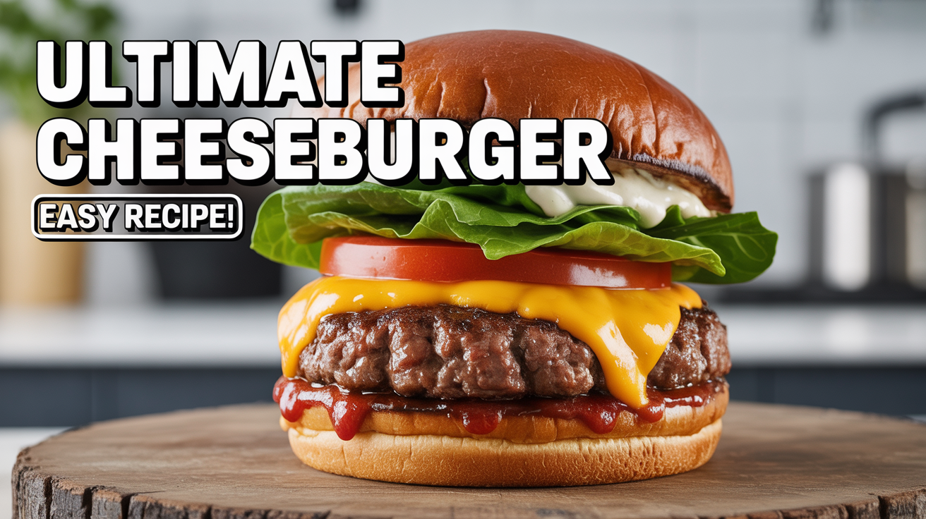 A vibrant YouTube cooking thumbnail showing a close-up of a delicious cheeseburger with bold text that reads 'ULTIMATE CHEESEBURGER' and 'EASY RECIPE!'.