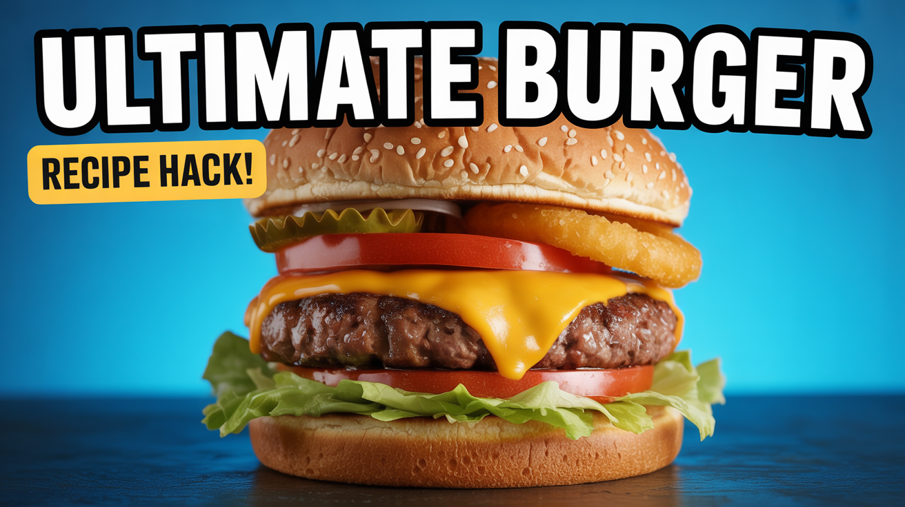 A YouTube cooking thumbnail 광고 a burger recipe, showing a close-up of a juicy cheeseburger against a bright blue background with the text 'ULTIMATE BURGER' and 'RECIPE HACK!'.