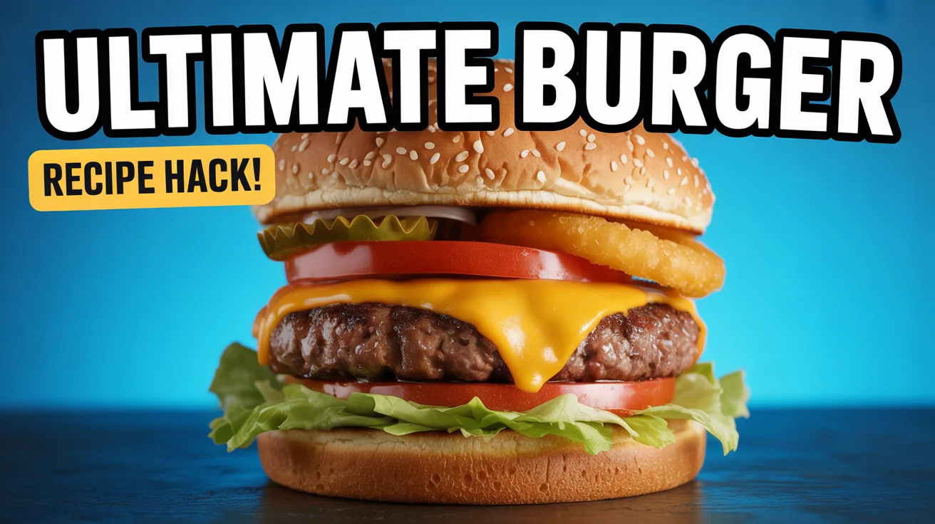 A YouTube cooking thumbnail 광고 a burger recipe, showing a close-up of a juicy cheeseburger against a bright blue background with the text 'ULTIMATE BURGER' and 'RECIPE HACK!'.